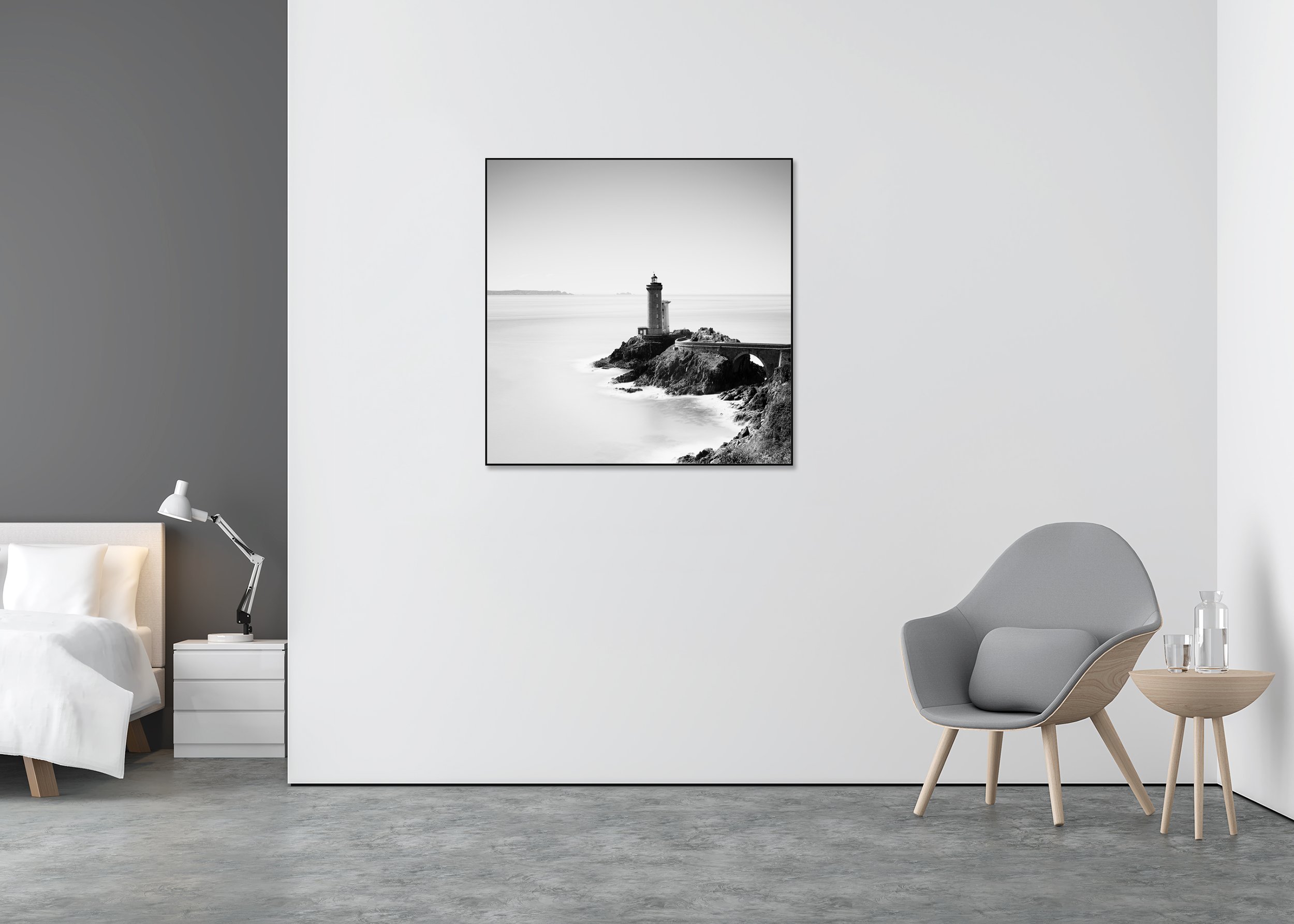 Phare du Petit Minou lighthouse in black and white above calm sea and rugged coastal rocks, photo print mounted to Dibond in an aluminium ArtBox
