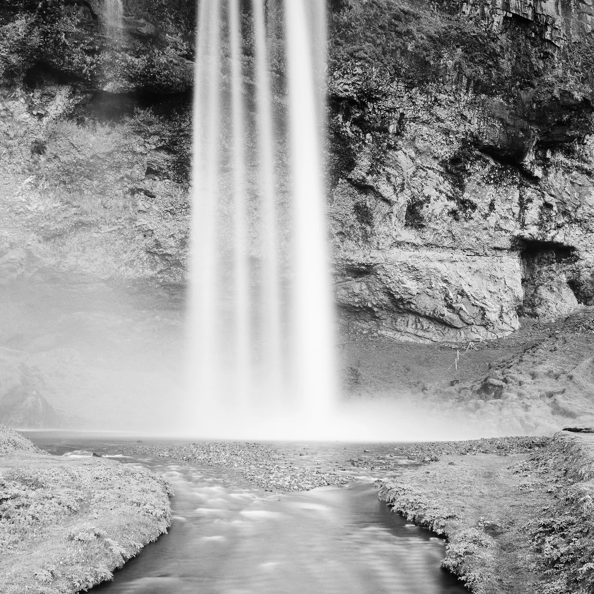 Detail of Seljalandsfoss Study 1 by Gerald Berghammer, showing tonal detail in the waterfall and volcanic landscape of Iceland.