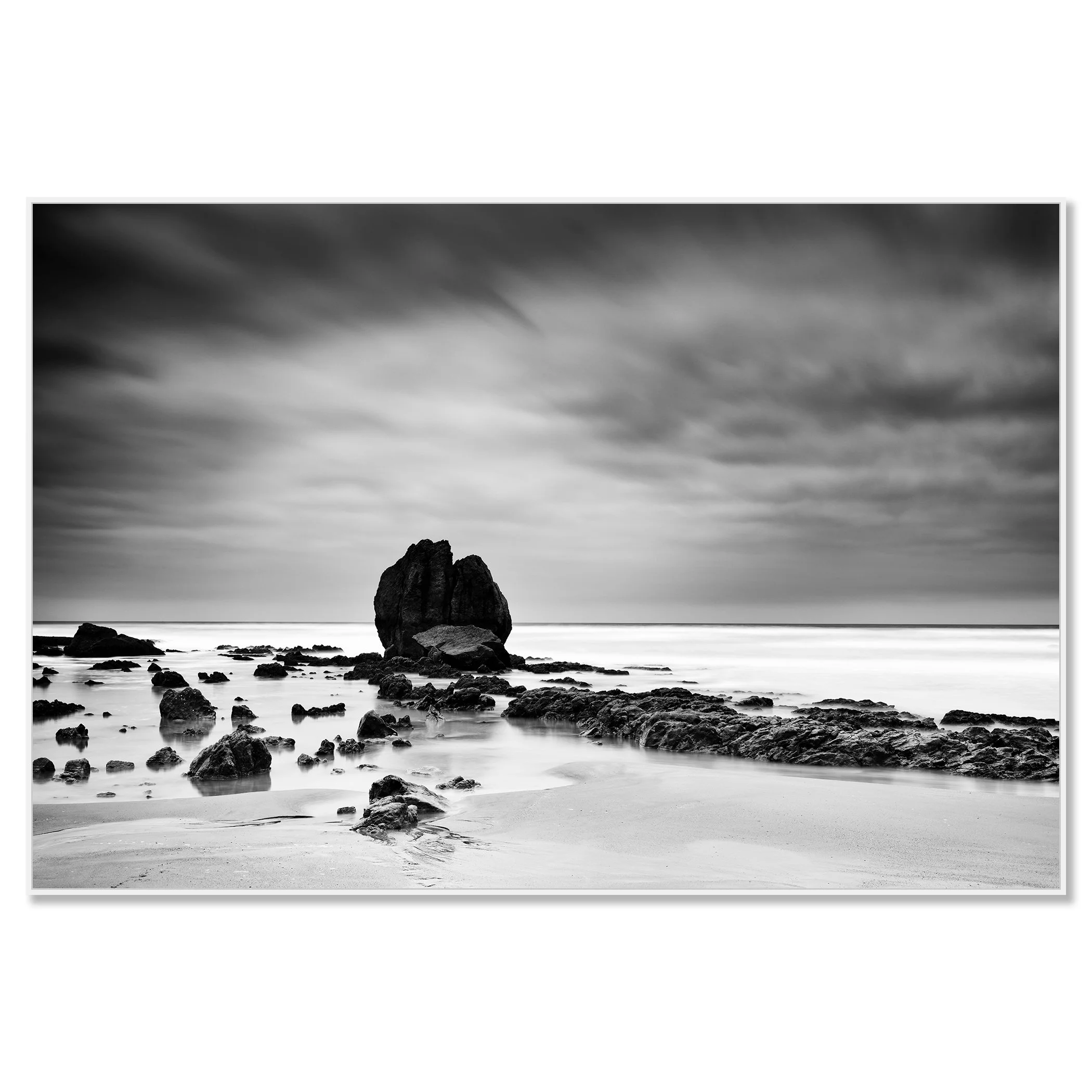 Rocks on the Shore Study 1 by Gerald Berghammer, black-and-white seascape photograph mounted on Dibond in a white aluminium ArtBox frame.
