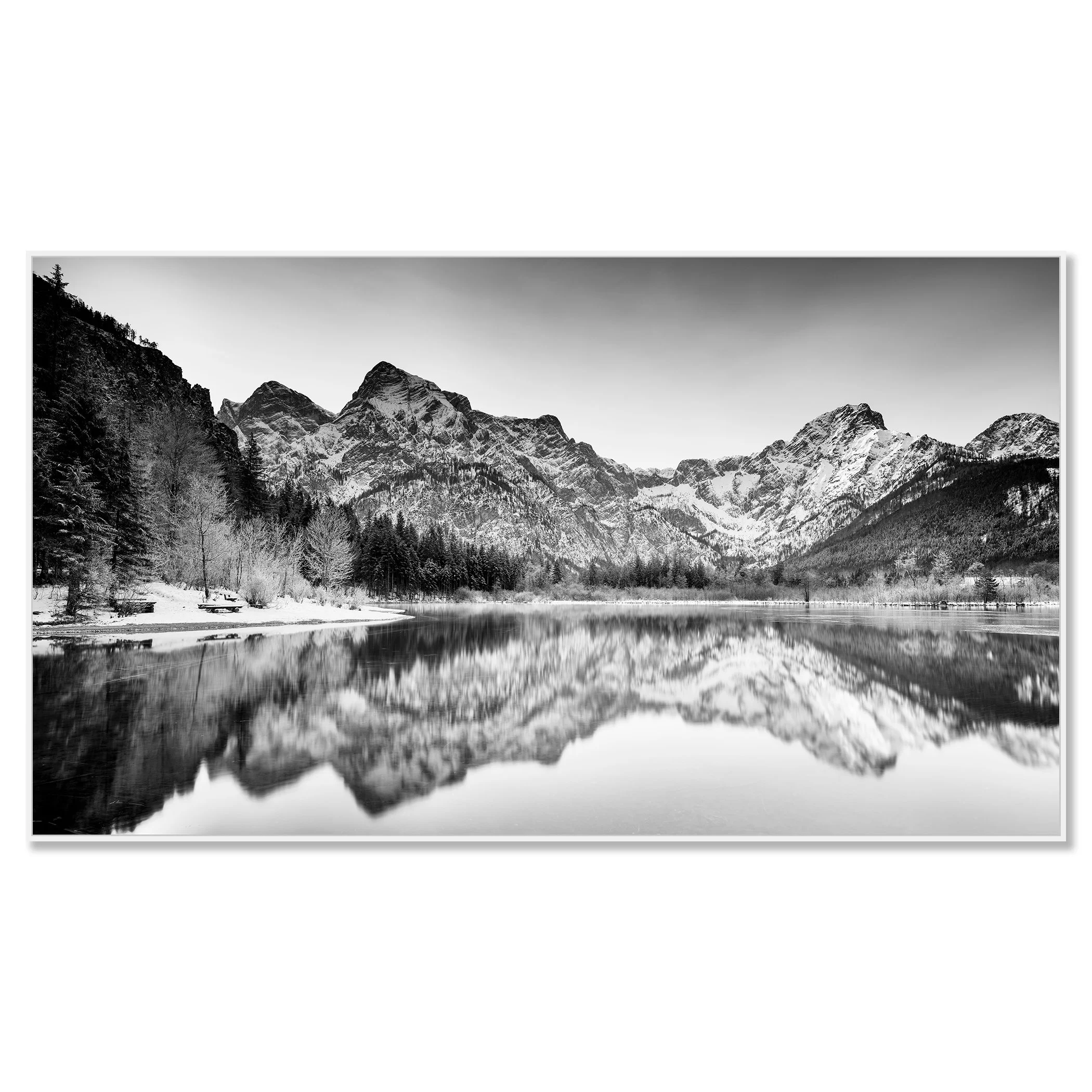 Black-and-white winter panorama of Almsee lake with snowy mountains in Austria – framed ArtBox white