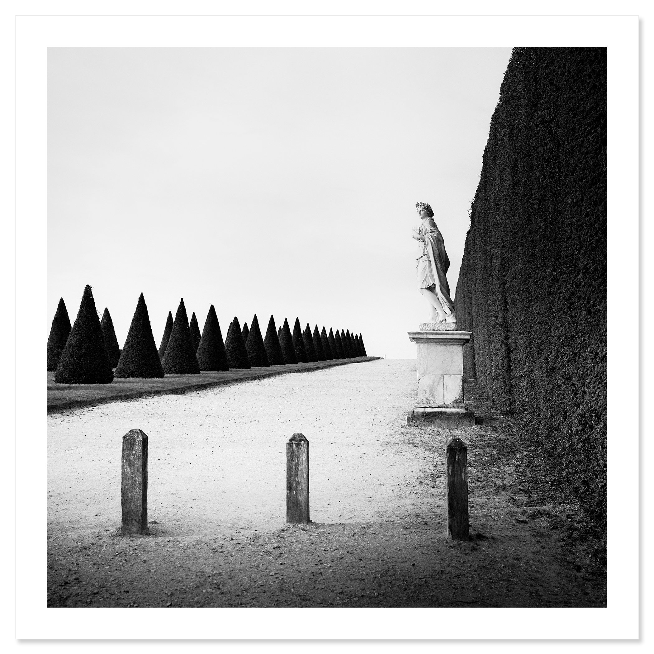 © 2017 Gerald Berghammer - Black and white landscape photography. Statue of a person along a tall hedge, with a row of trimmed cone-shaped trees. Fine art print only