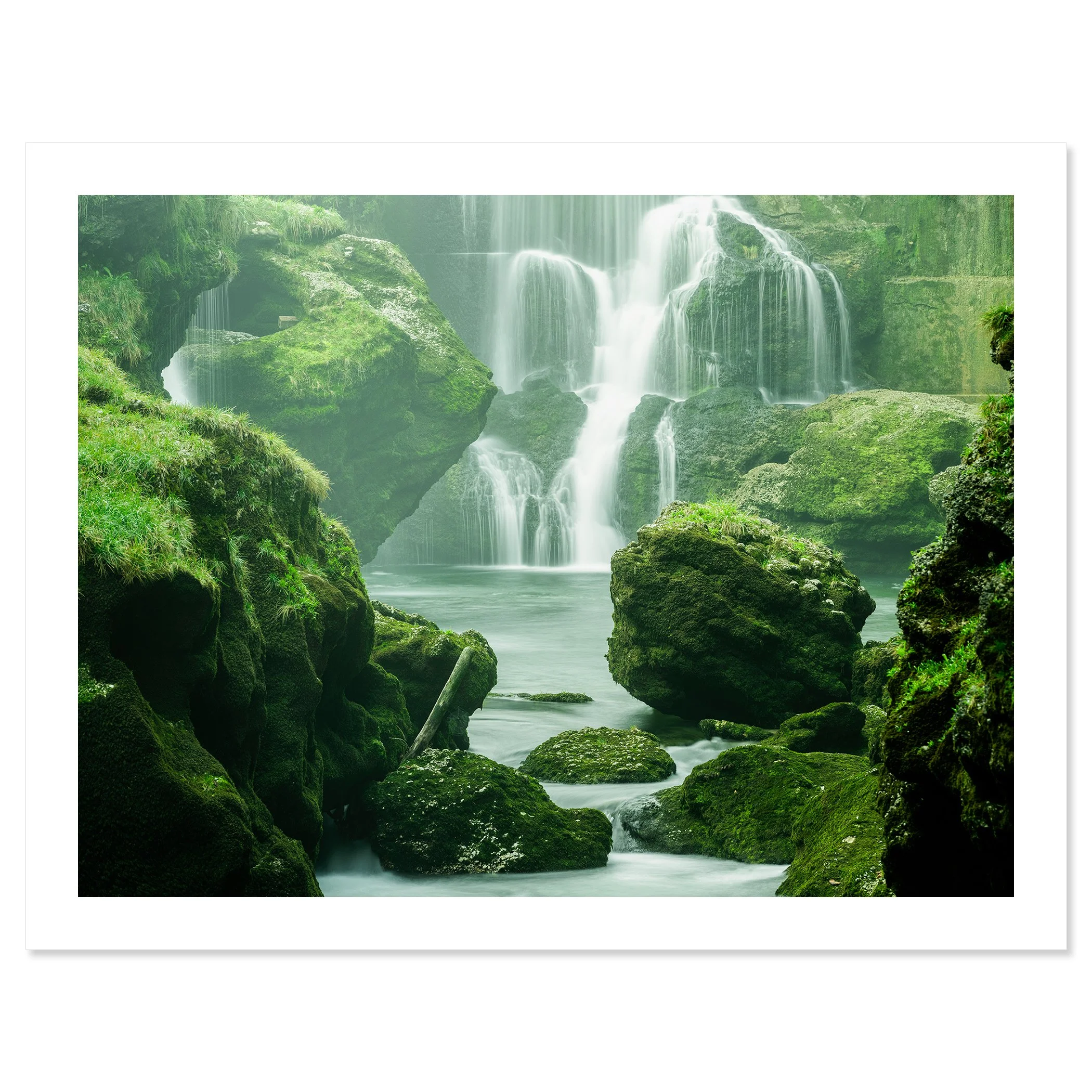 Moss-Covered Waterfall Study 1 shown as an archival pigment print on Hahnemühle Photo Rag Baryta by Gerald Berghammer.