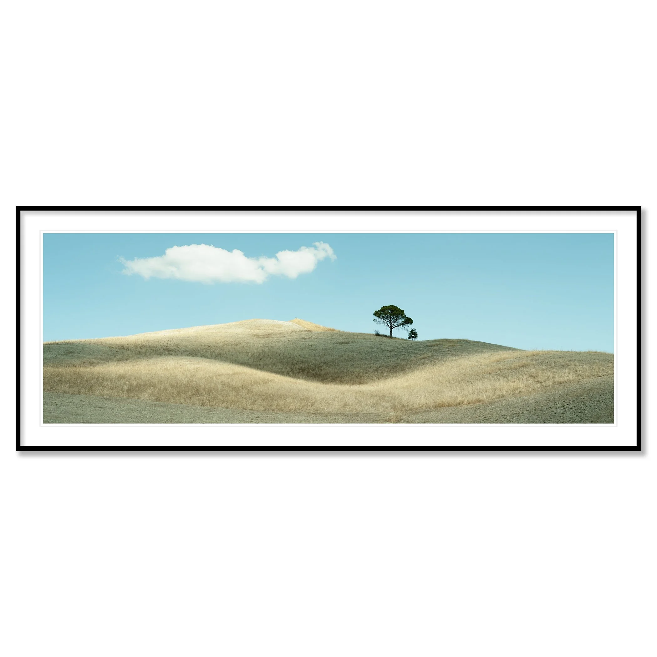 © 2021 Gerald Berghammer - Color Tuscany landscape photography. Landscape with rolling hills, a single tree, a huge cloud, and a field of dry grass. Classic framed black