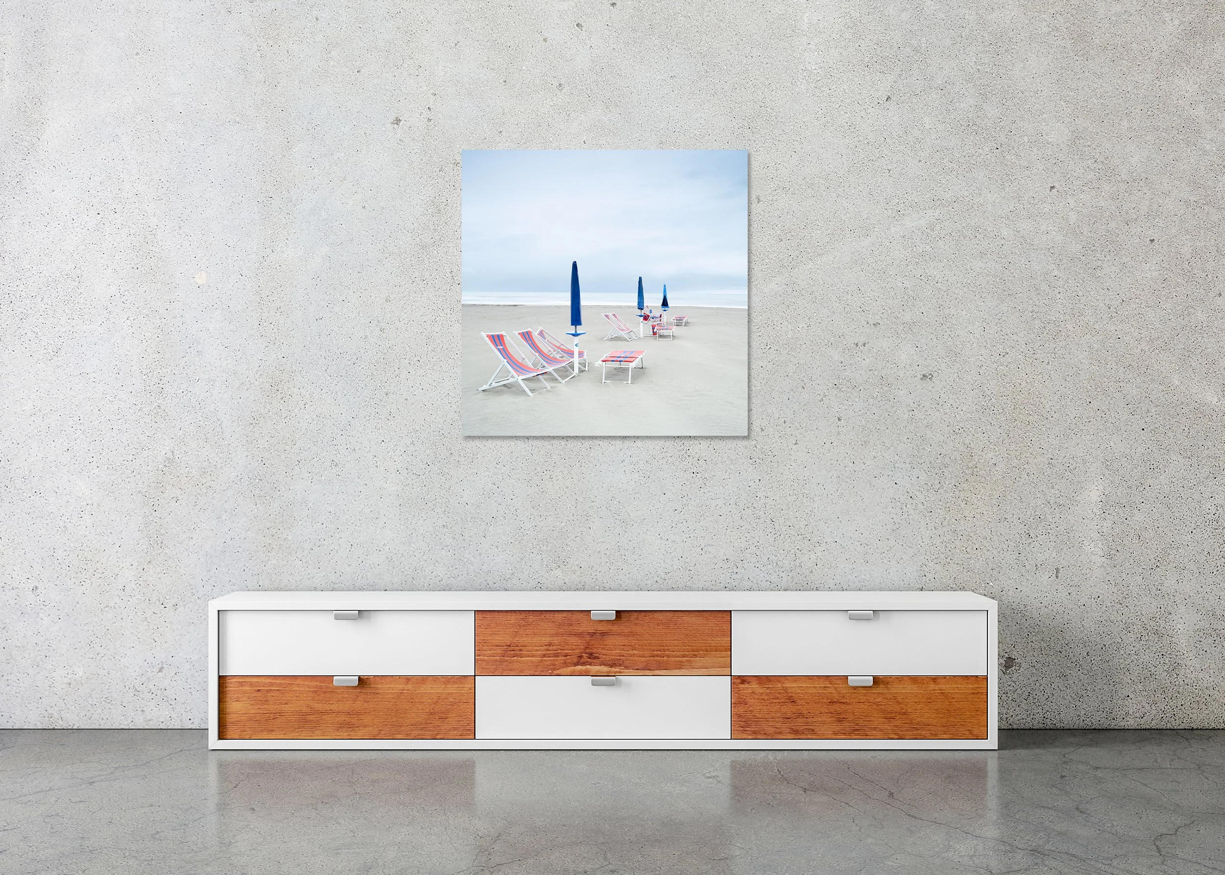 Sun Loungers on the Beach, Study 2 – frameless colour photograph on aluminium Dibond displayed in a minimalist interior.
