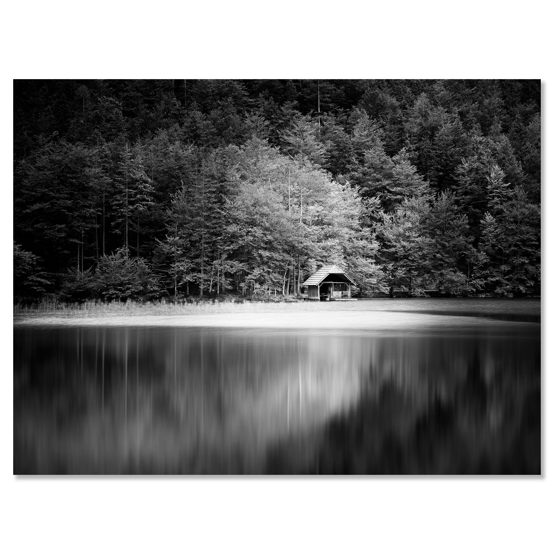 Wooden Boathouse, Study 1 – black-and-white photograph mounted on aluminium Dibond, frameless.
