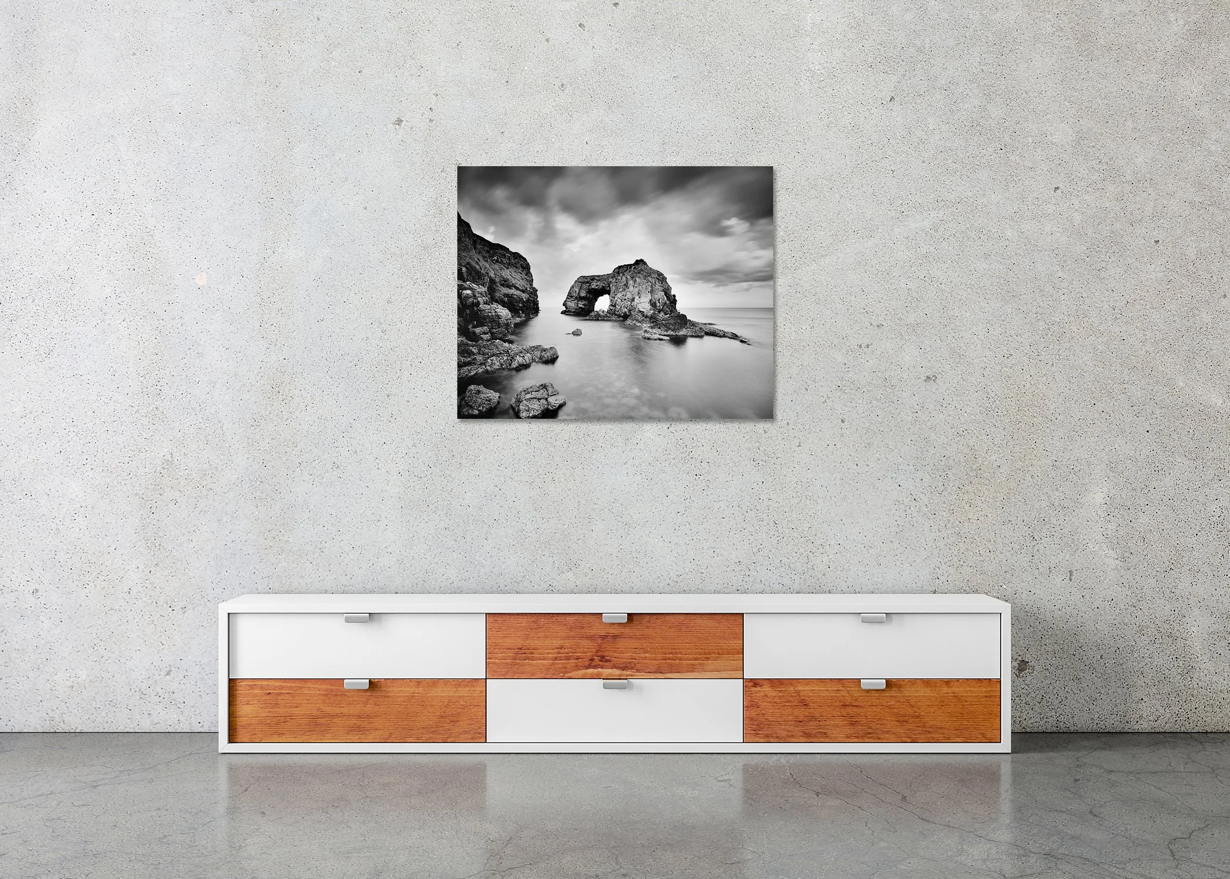 Great Pollet Sea Arch Study 3 displayed in a modern interior as a frameless aluminium Dibond print by Gerald Berghammer.