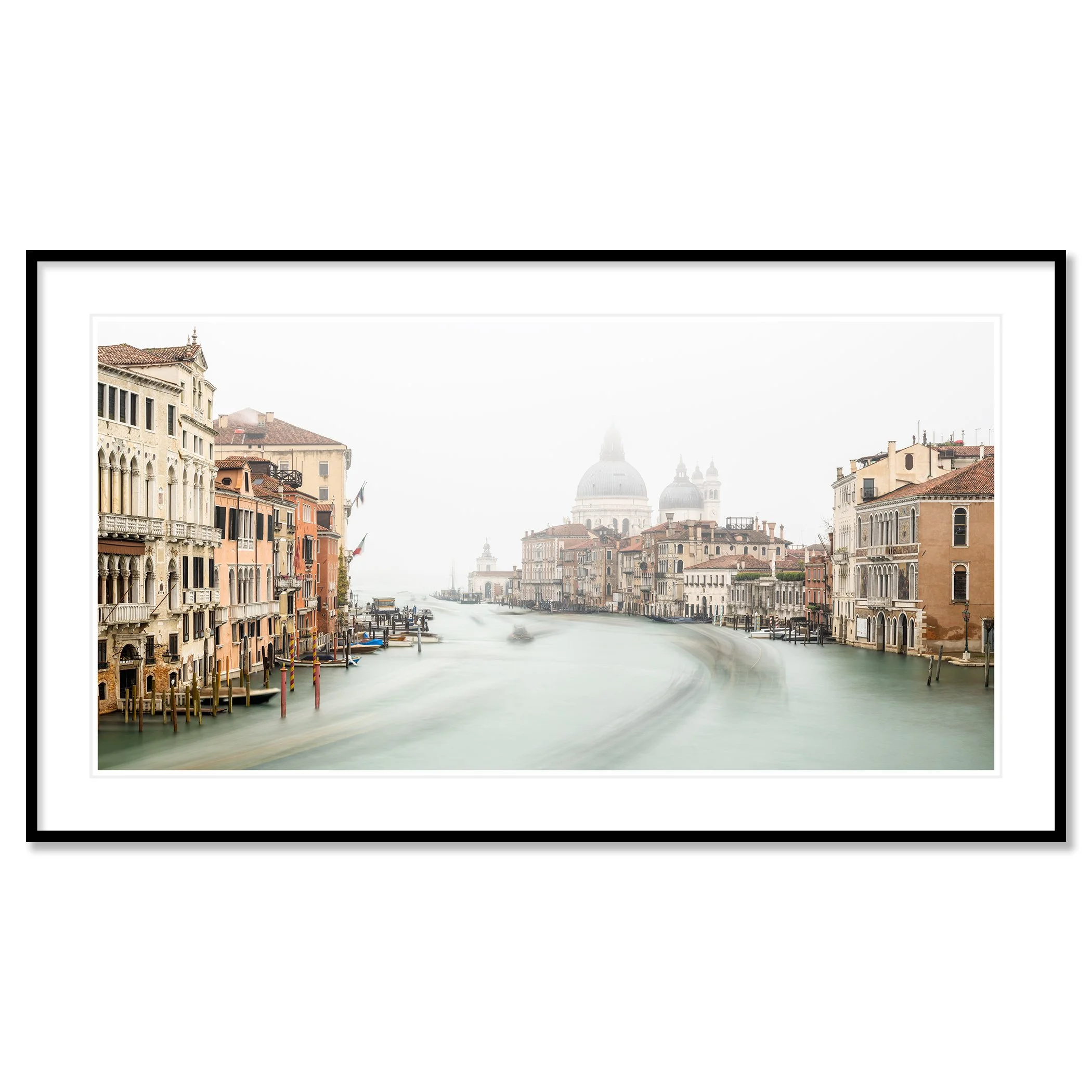 © 2025 Gerald Berghammer - Color cityscape photo. Foggy grand canal with historic buildings on both sides and the domed Basilica di Santa Maria della Salute. Classic framed black