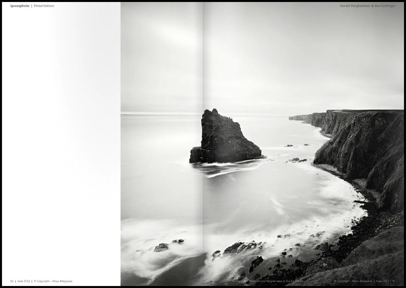 ipressphoto Magazine 2013 double-page spread featuring a minimalist black-and-white rocky coastal landscape in an editorial feature on photography by Gerald Berghammer and Ina Forstinger.