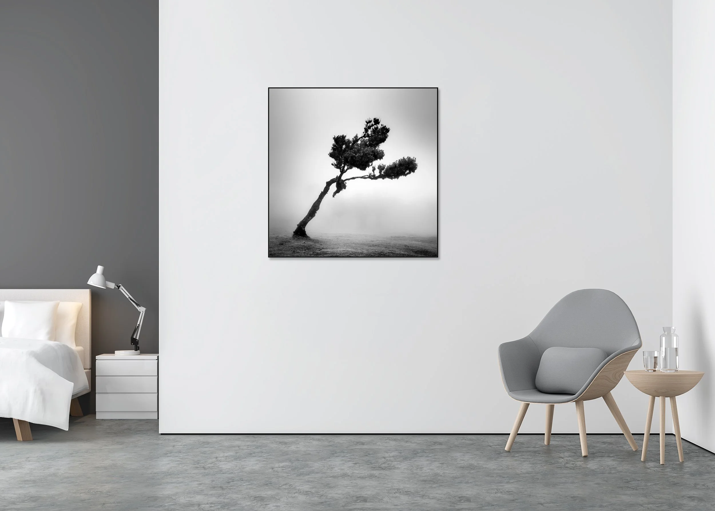 Deer in Fairy Forest Study 1 displayed in a contemporary interior, mounted on aluminium Dibond in a black ArtBox frame by Gerald Berghammer.