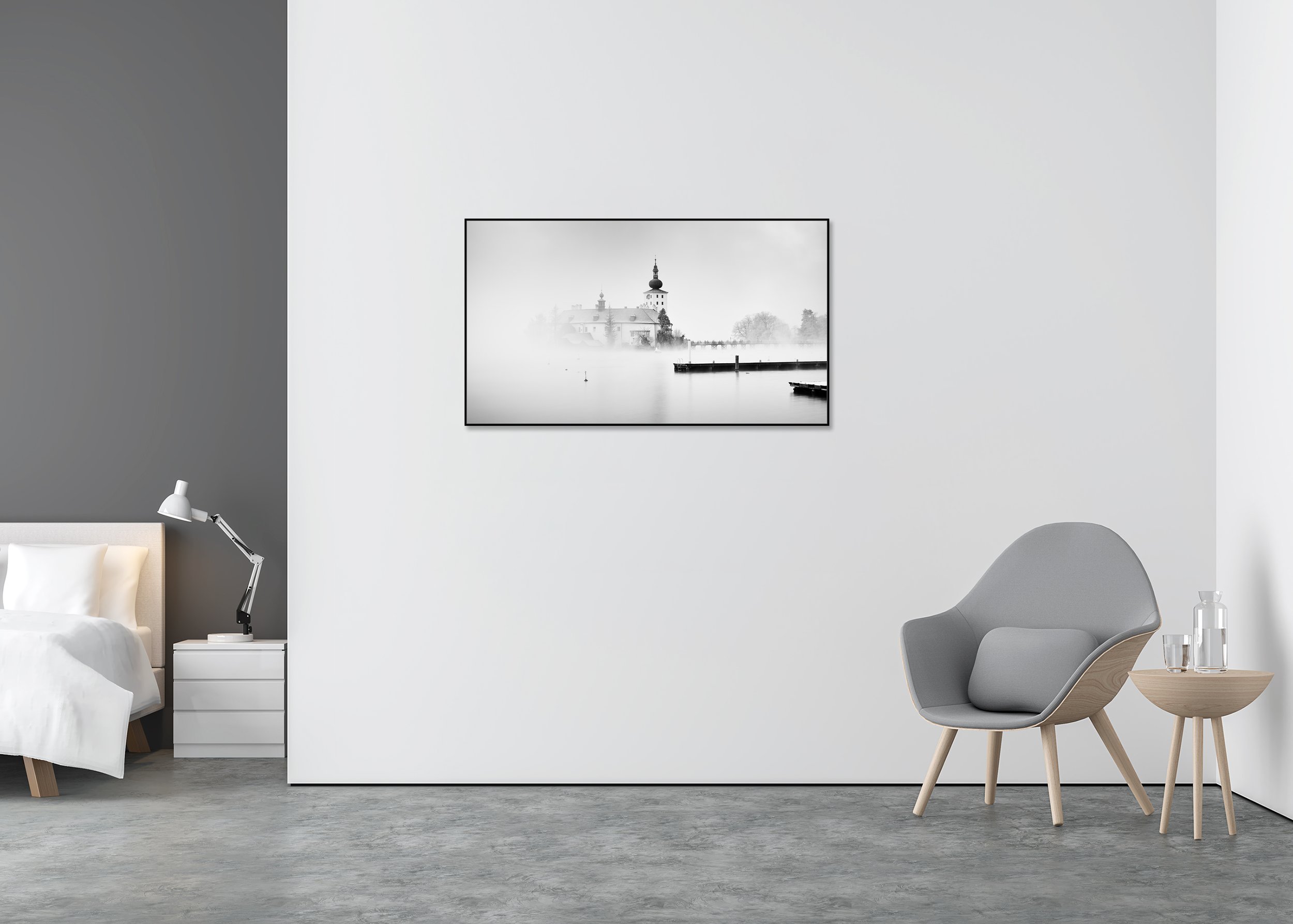 Seeschloss Ort, Study 3 – black-and-white Dibond print in a black aluminium ArtBox displayed in a minimalist bedroom.