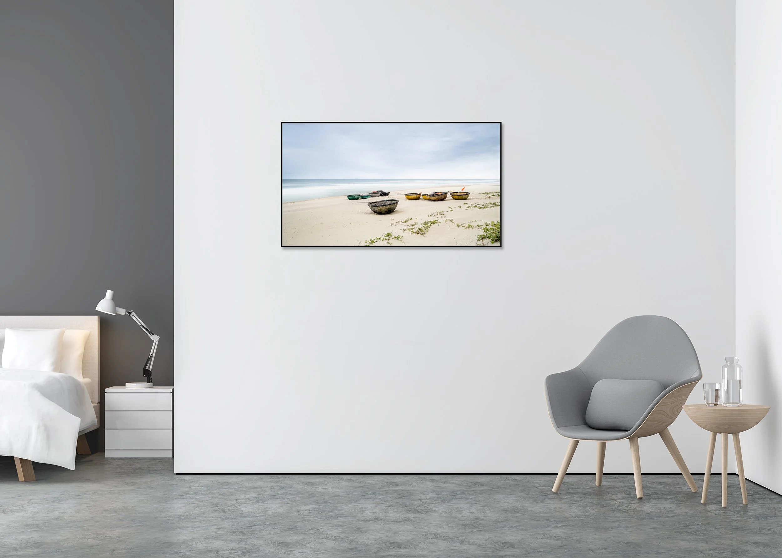 Traditional fishing boats on an empty beach by a calm sea under a soft hazy sky, black and white photo print mounted on Dibond in an aluminium ArtBox.