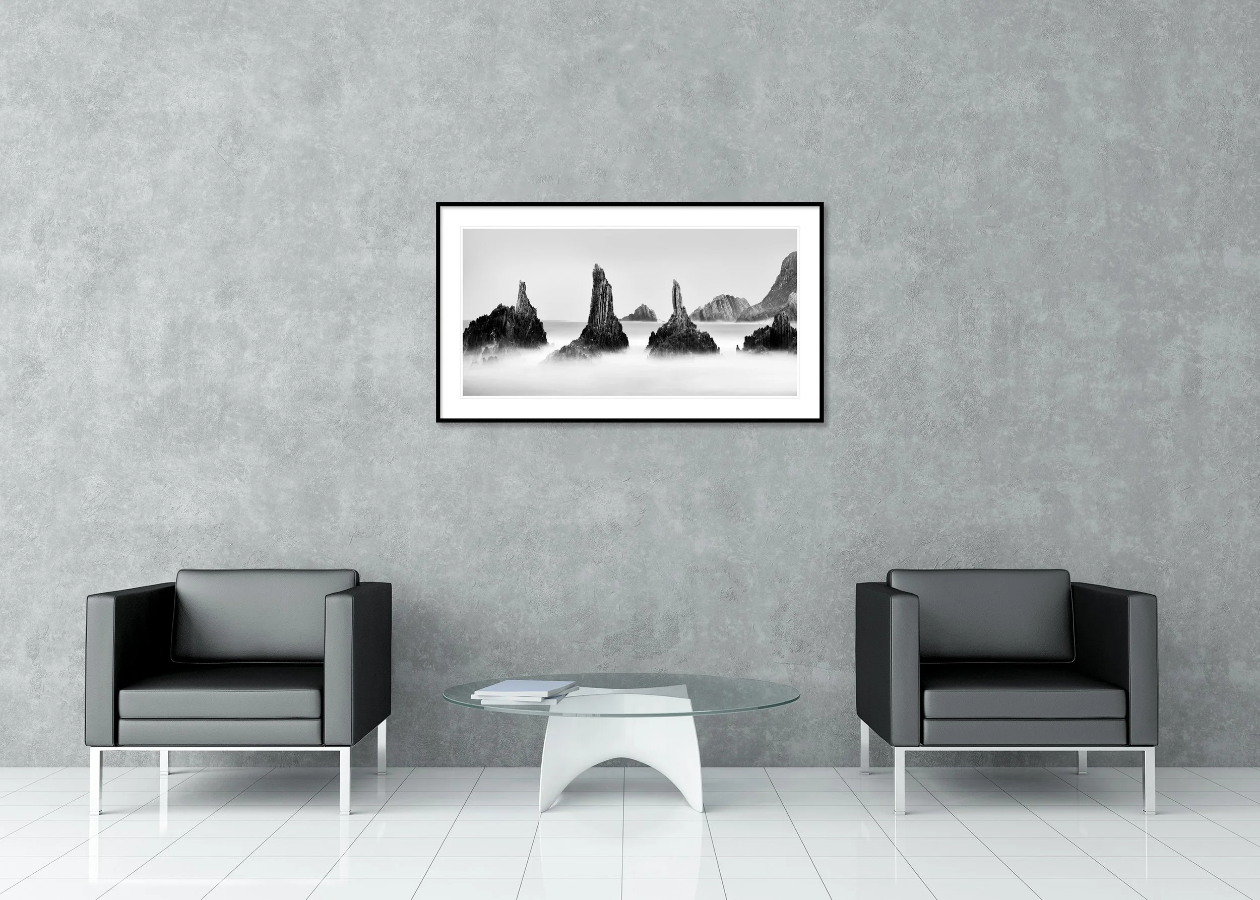 Rocky Peaks Panorama Study 5 – Spain displayed as a framed archival pigment print with white mount and anti-reflective glass.