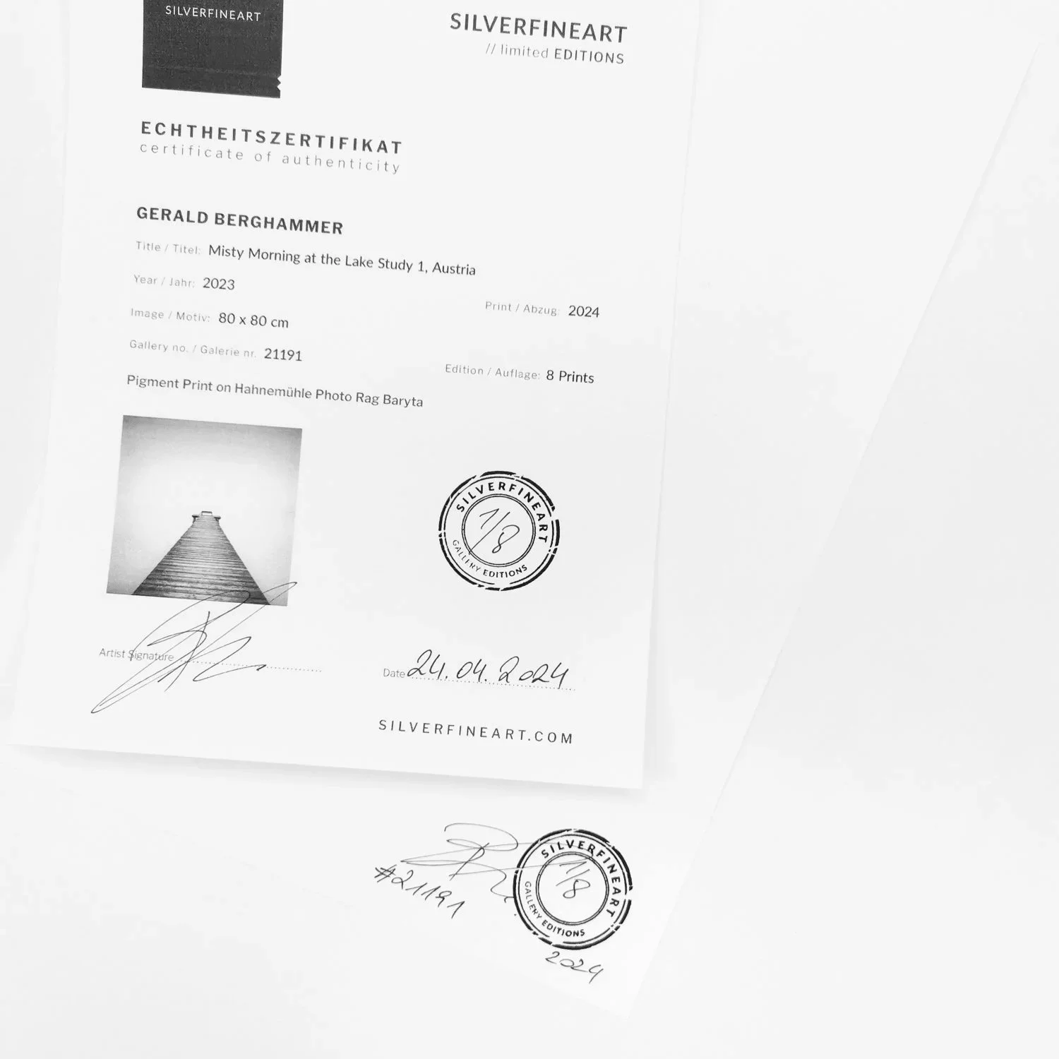Certificate of Authenticity and signed reverse of Misty Morning at the Lake Study 1 by Gerald Berghammer, Edition 1/8.