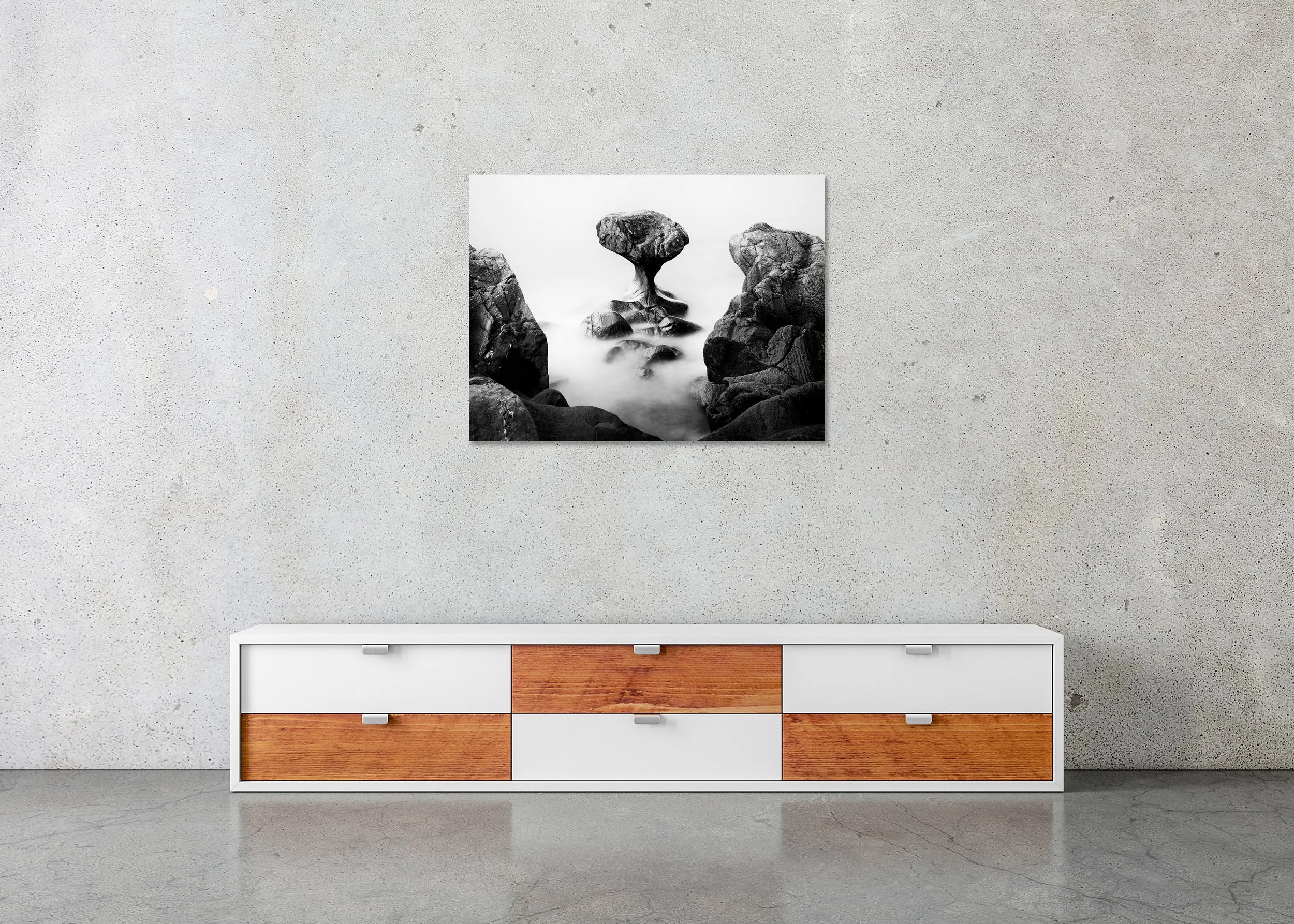 Balanced rock formation in water resembling a mushroom shape, black and white photo print mounted to Dibond, frameless