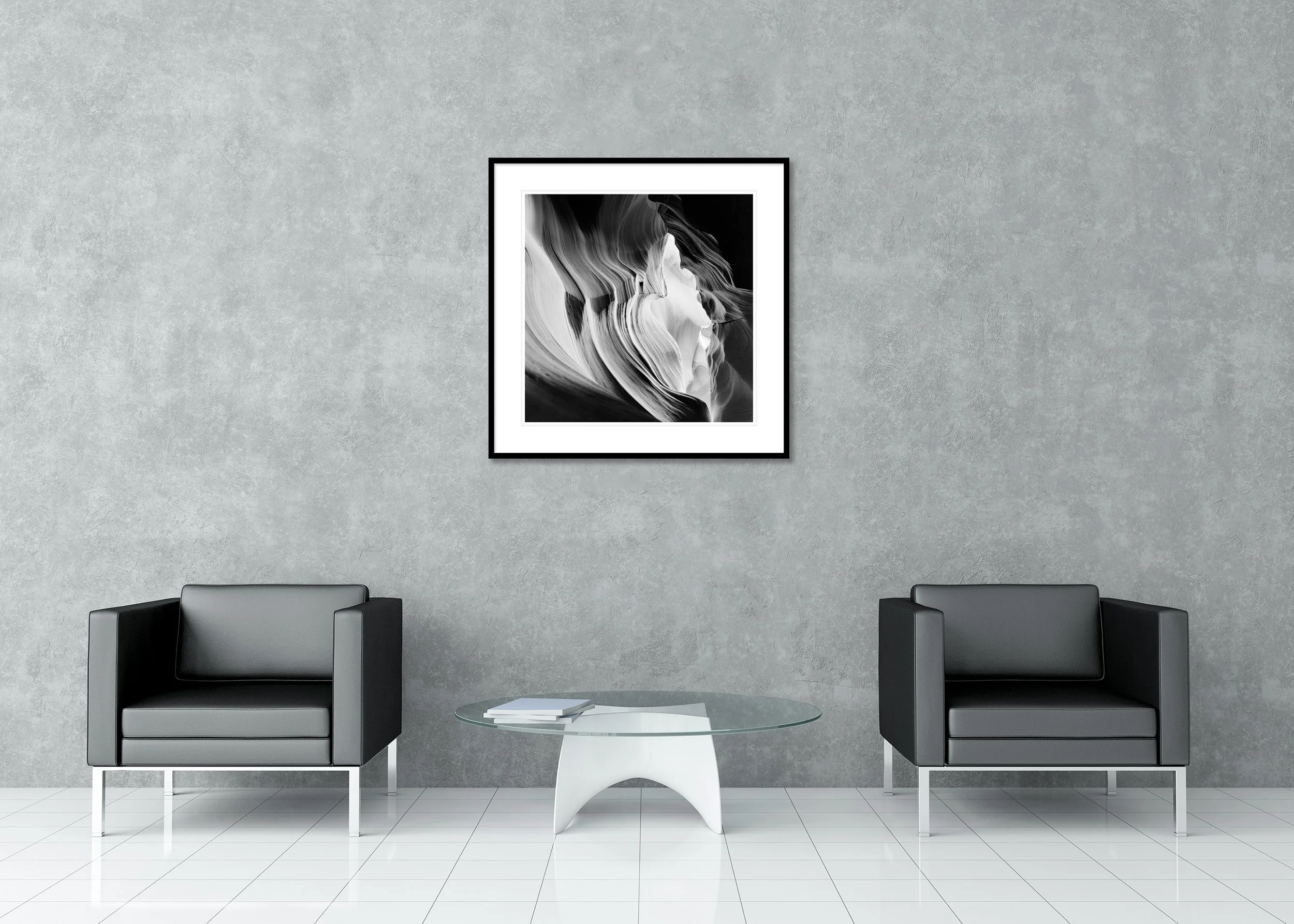 Antelope Canyon Study 3 displayed in a modern interior as an archival pigment print in a black aluminium frame with a white mount. Photo by Gerald Berghammer.