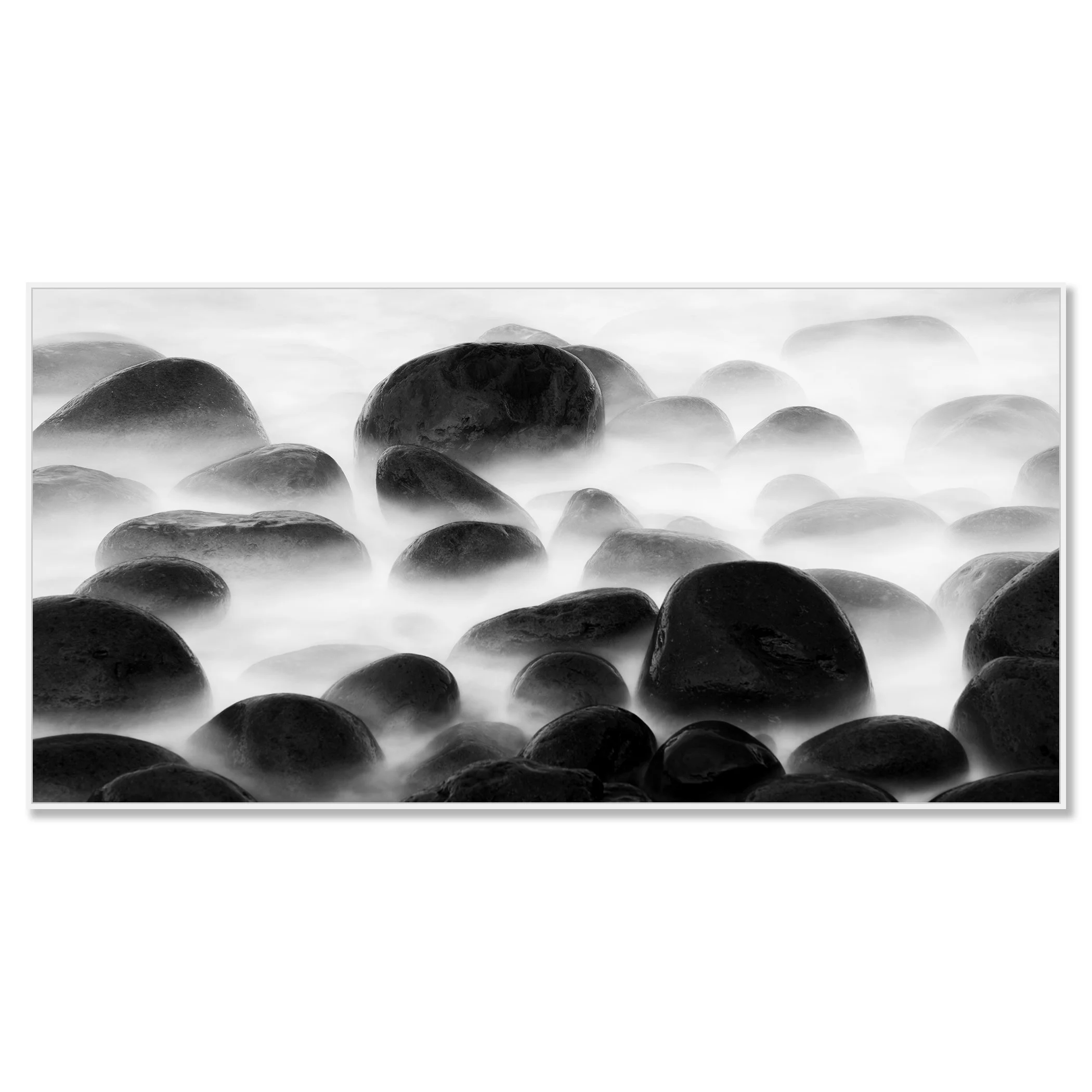 Black Stone Beach Study 1 – Portugal, black-and-white photograph in a white aluminium ArtBox frame