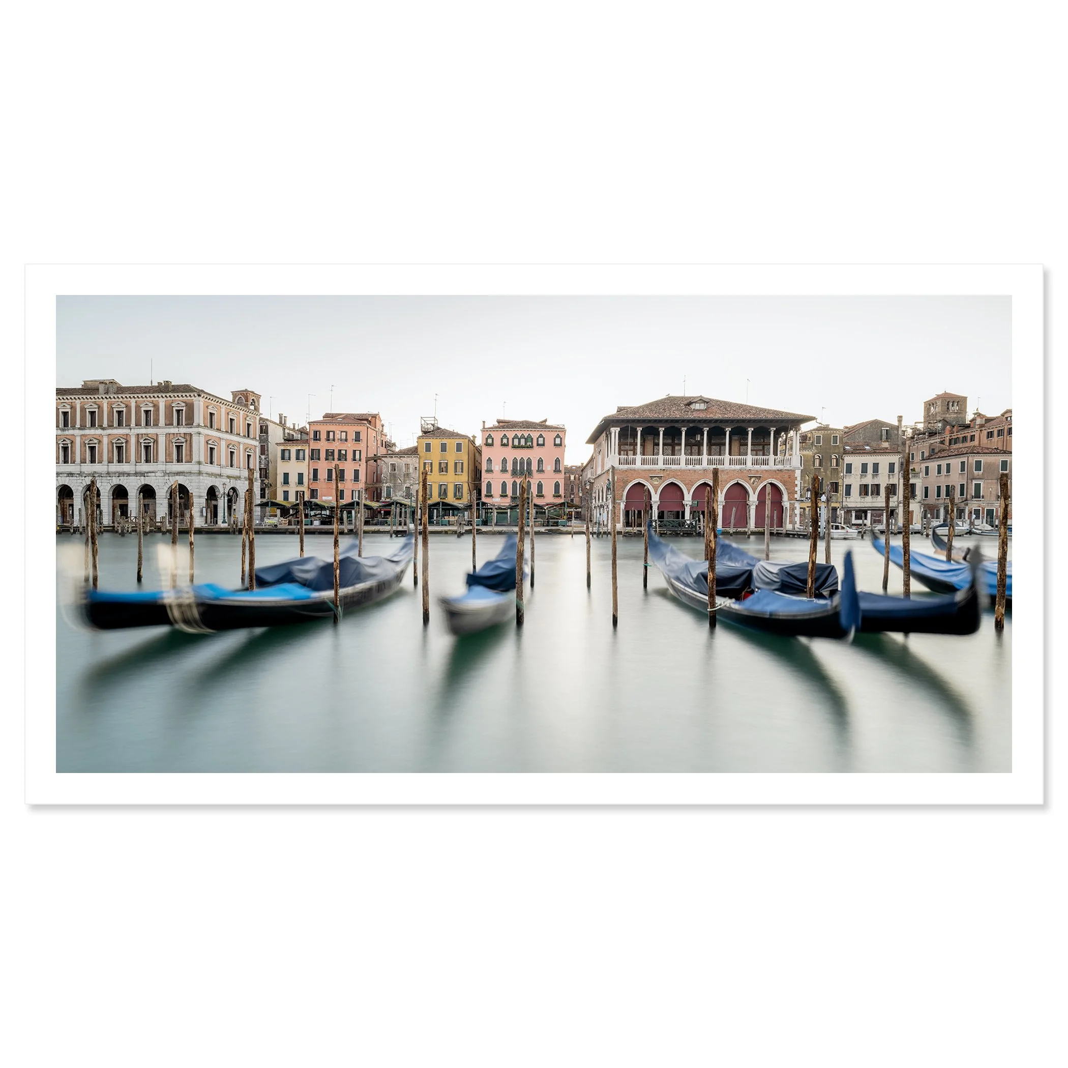 © 2025 Gerald Berghammer - Color cityscape photography. Gondolas docked along a canal in Venice, Italy, with historic buildings and the fish market in the back. Fine art print only