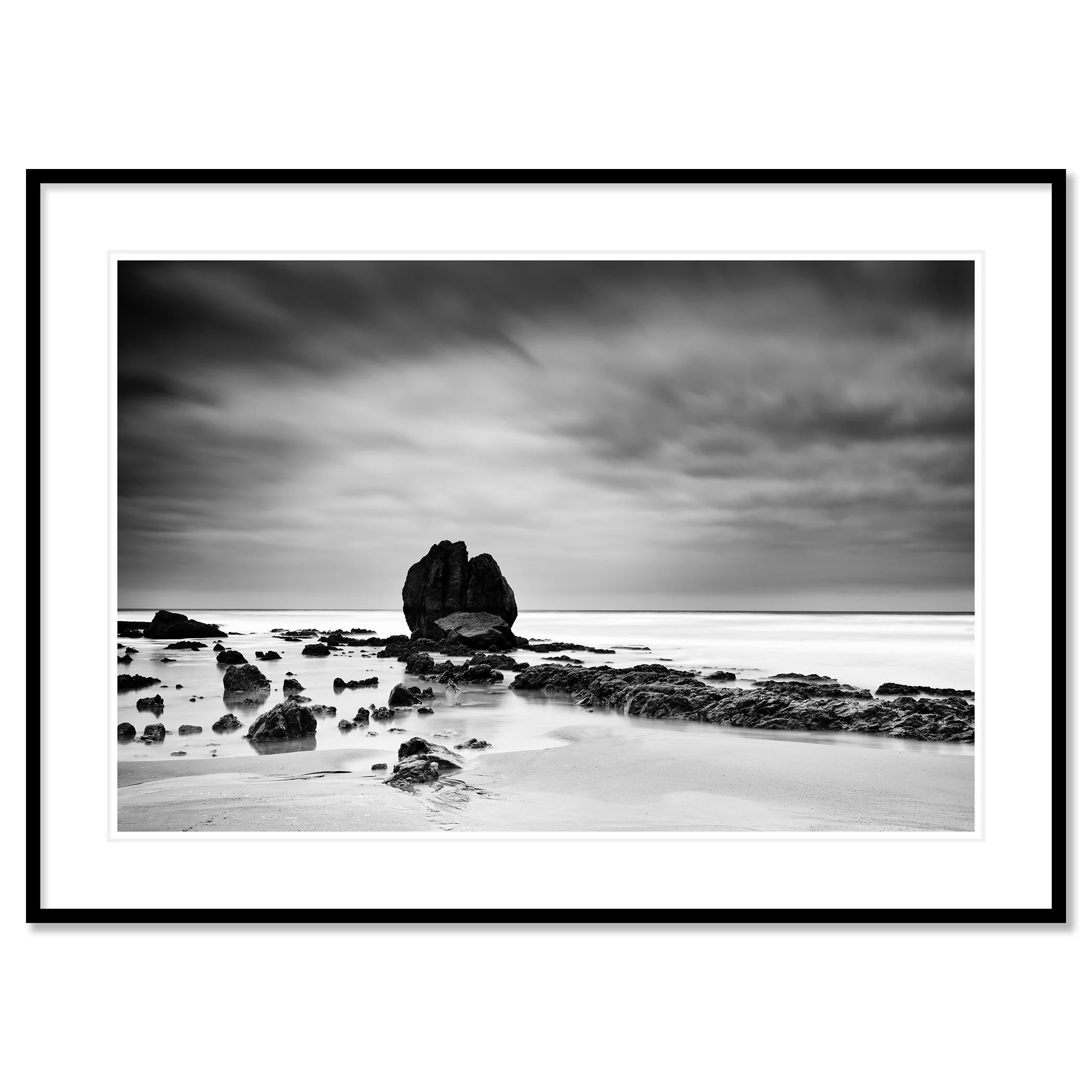 Rocks on the Shore Study 1 by Gerald Berghammer, black-and-white fine art print in a black aluminium frame with white mount.