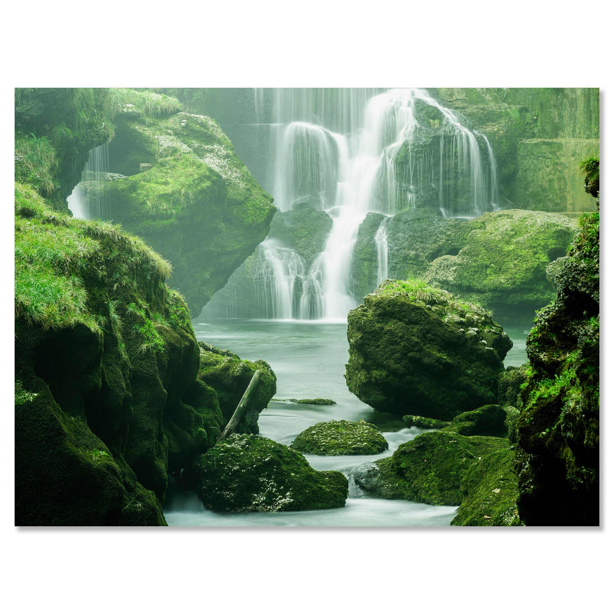 Moss-Covered Waterfall Study 1 shown frameless on aluminium Dibond as a colour fine art photograph by Gerald Berghammer.
