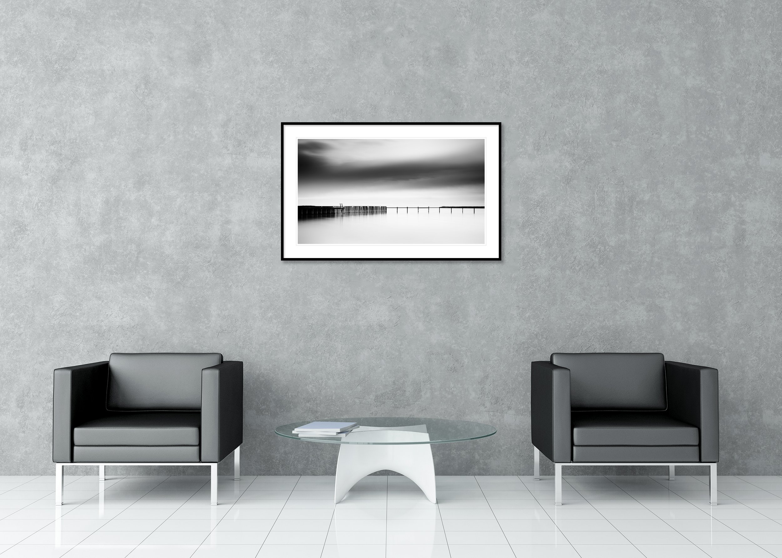 Archival pigment print in a classic frame with passe-partout of a monochrome panorama of calm water with a floating dock and distant pier, Austria