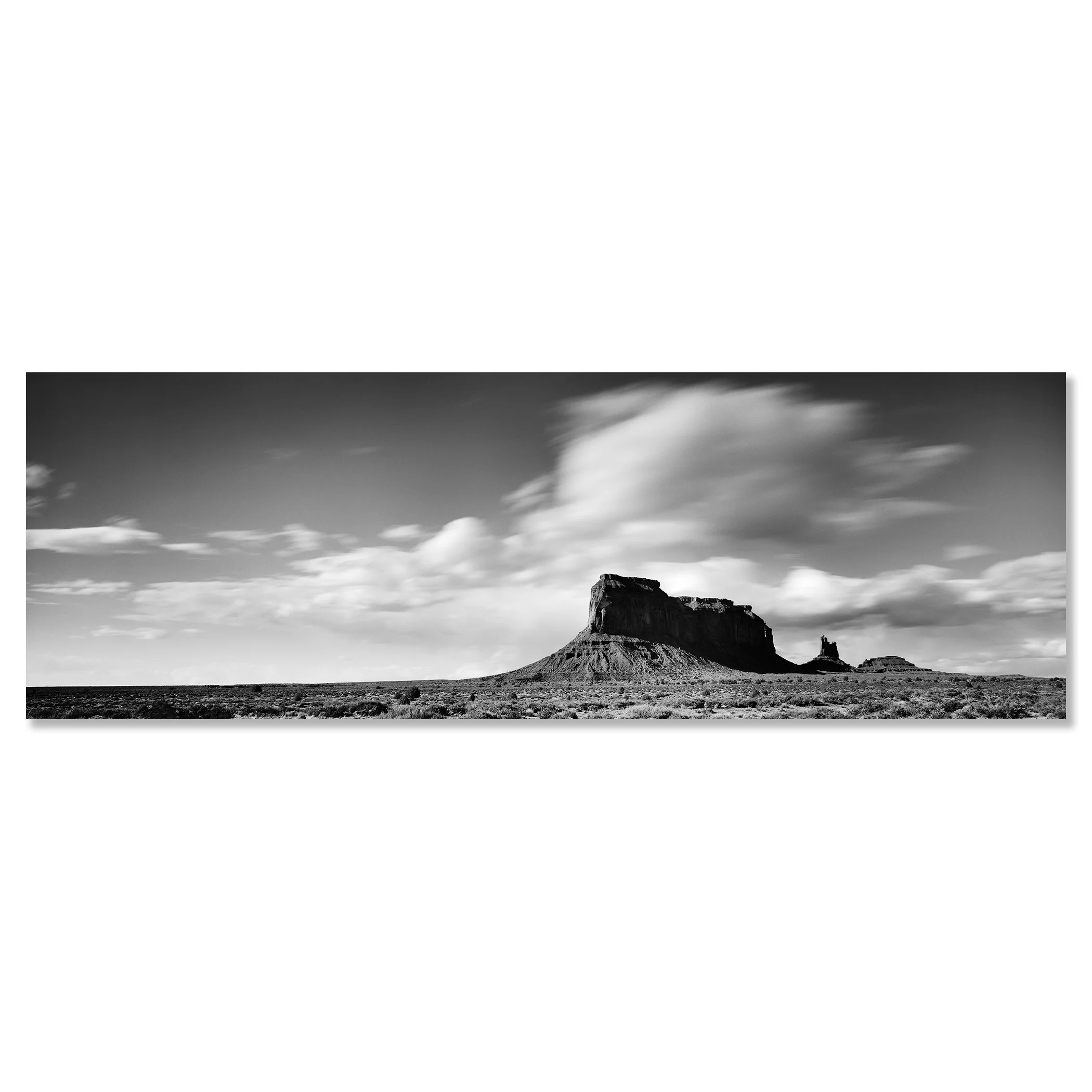 Gerald Berghammer - Black and white panorama desert photography. Flat-topped mesa with a smaller rock formation nearby, under a sky with scattered clouds. Chromaluxe frameless