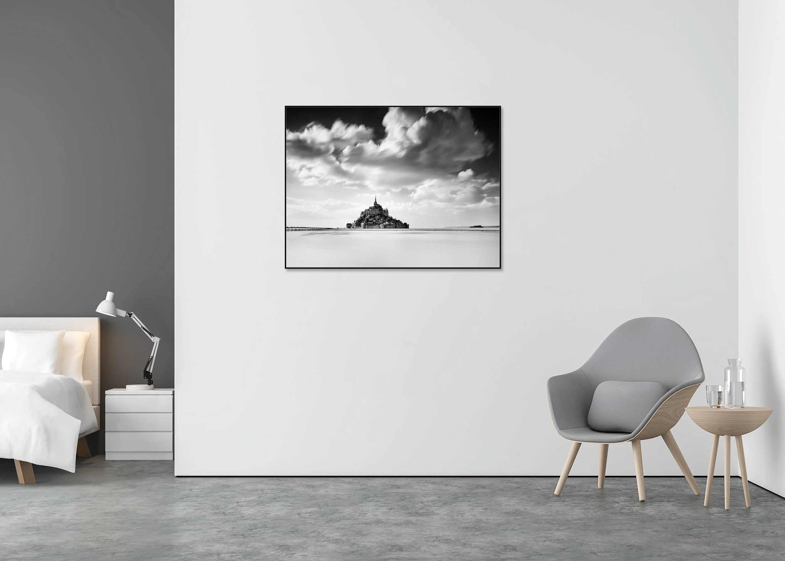 Mont-Saint-Michel Study 1 by Gerald Berghammer displayed in a contemporary interior in a black aluminium ArtBox frame.