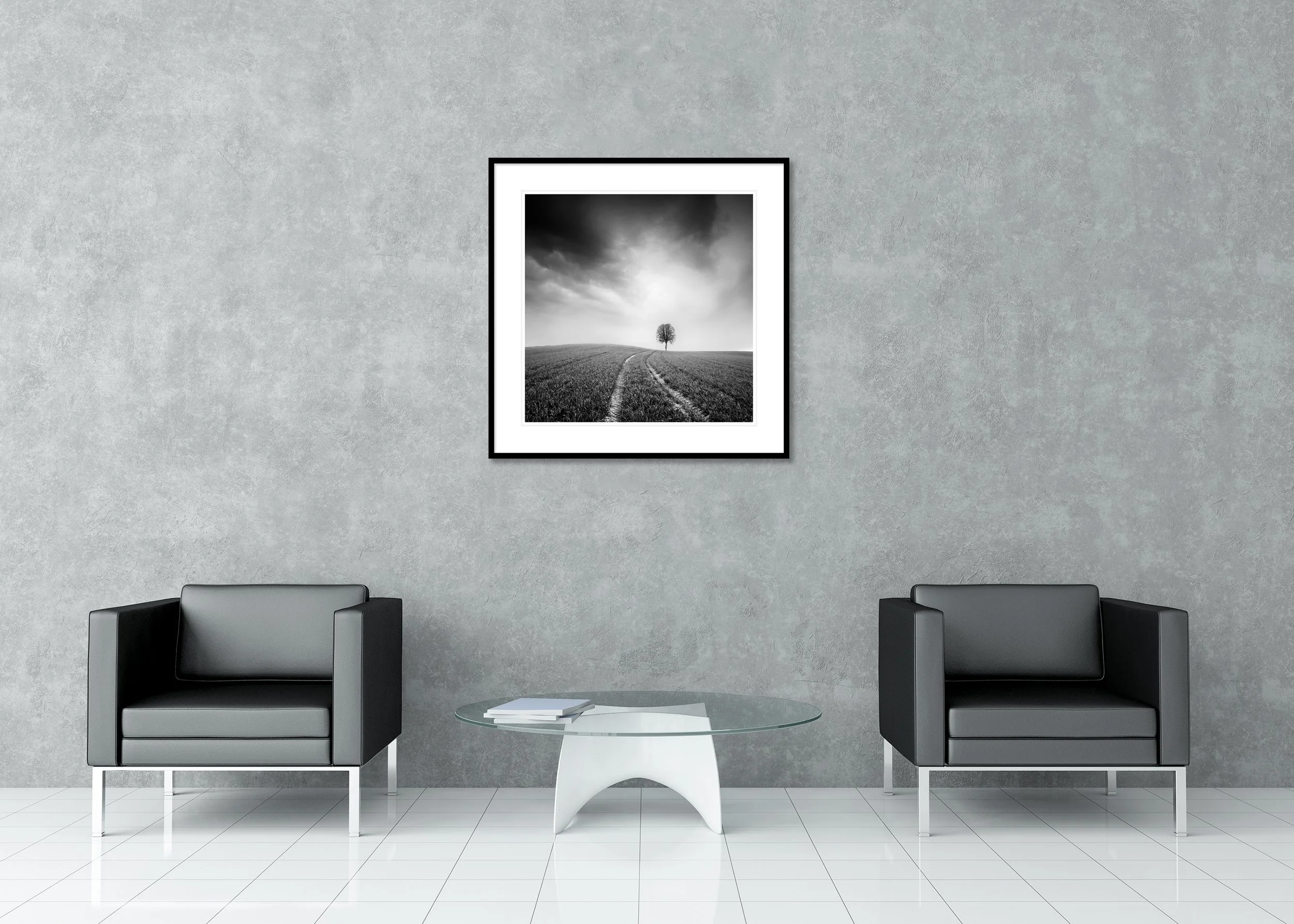 Farmland, Study 3 – Austria, black-and-white archival pigment print in a black aluminium frame with a white mount displayed in a modern lounge.