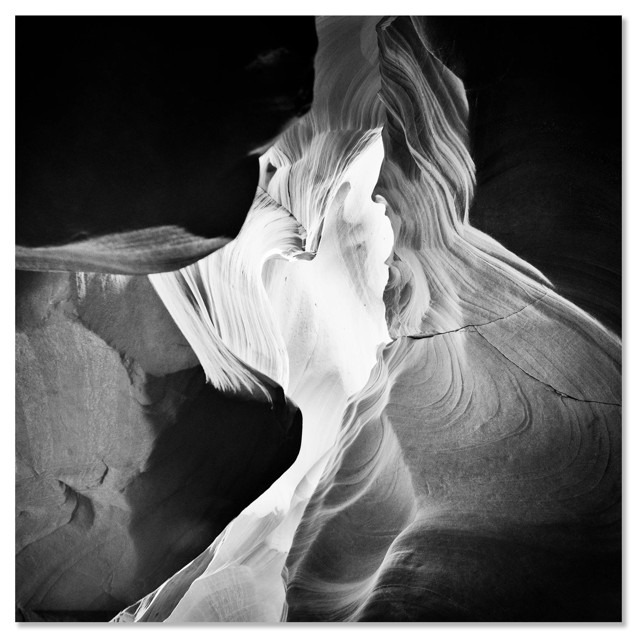 Antelope Canyon Study 9 by Gerald Berghammer presented as a frameless black-and-white artwork mounted on aluminium Dibond.