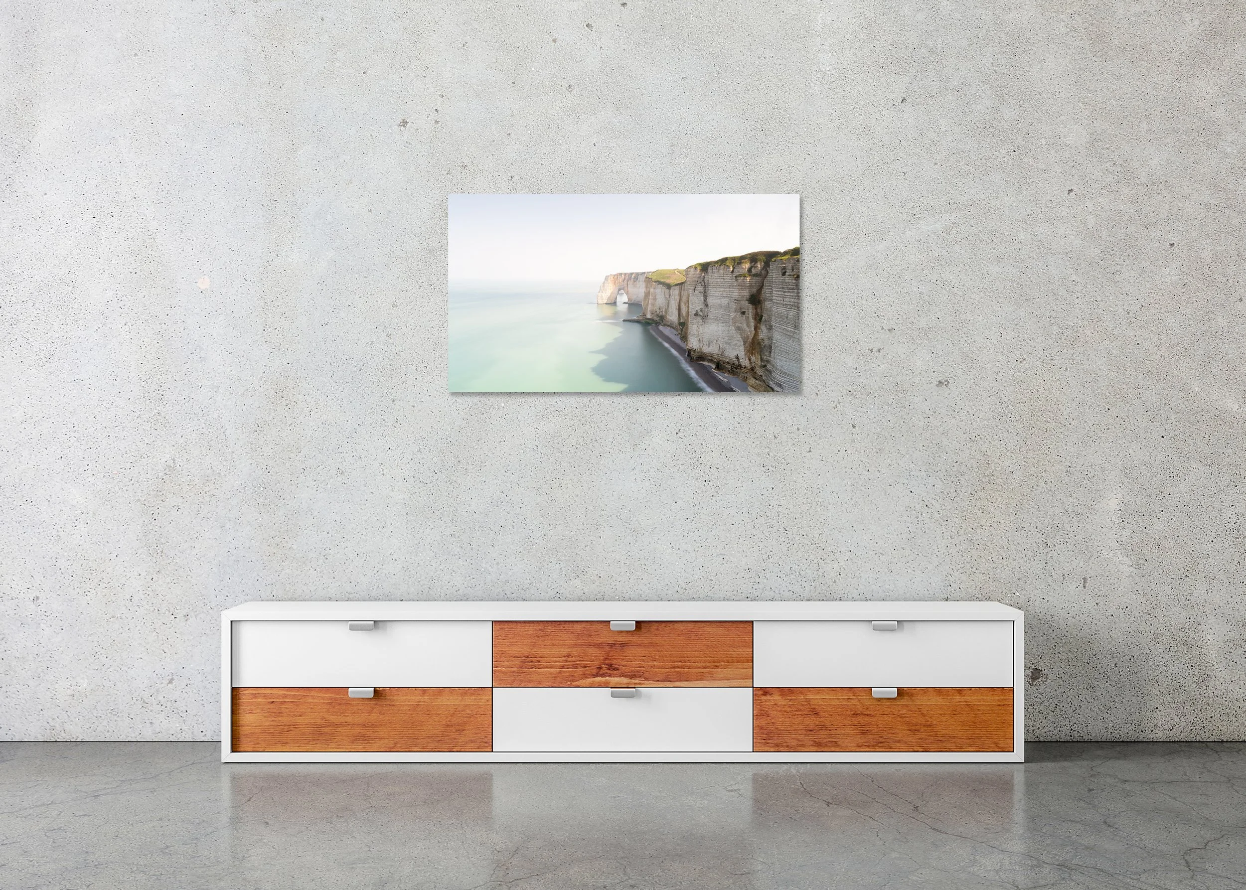 White Cliffs Panorama Study 2 displayed in a modern interior as a frameless colour artwork mounted on aluminium Dibond by Gerald Berghammer.