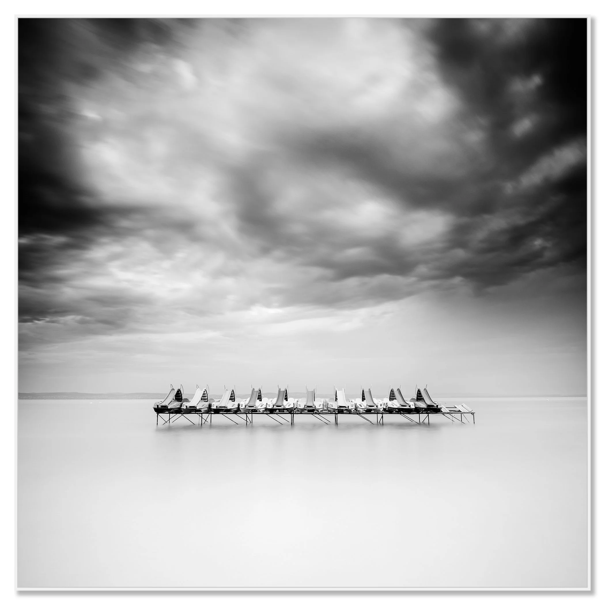 Pedal Boat Study 1, Balaton, black-and-white photograph in a white aluminium ArtBox frame