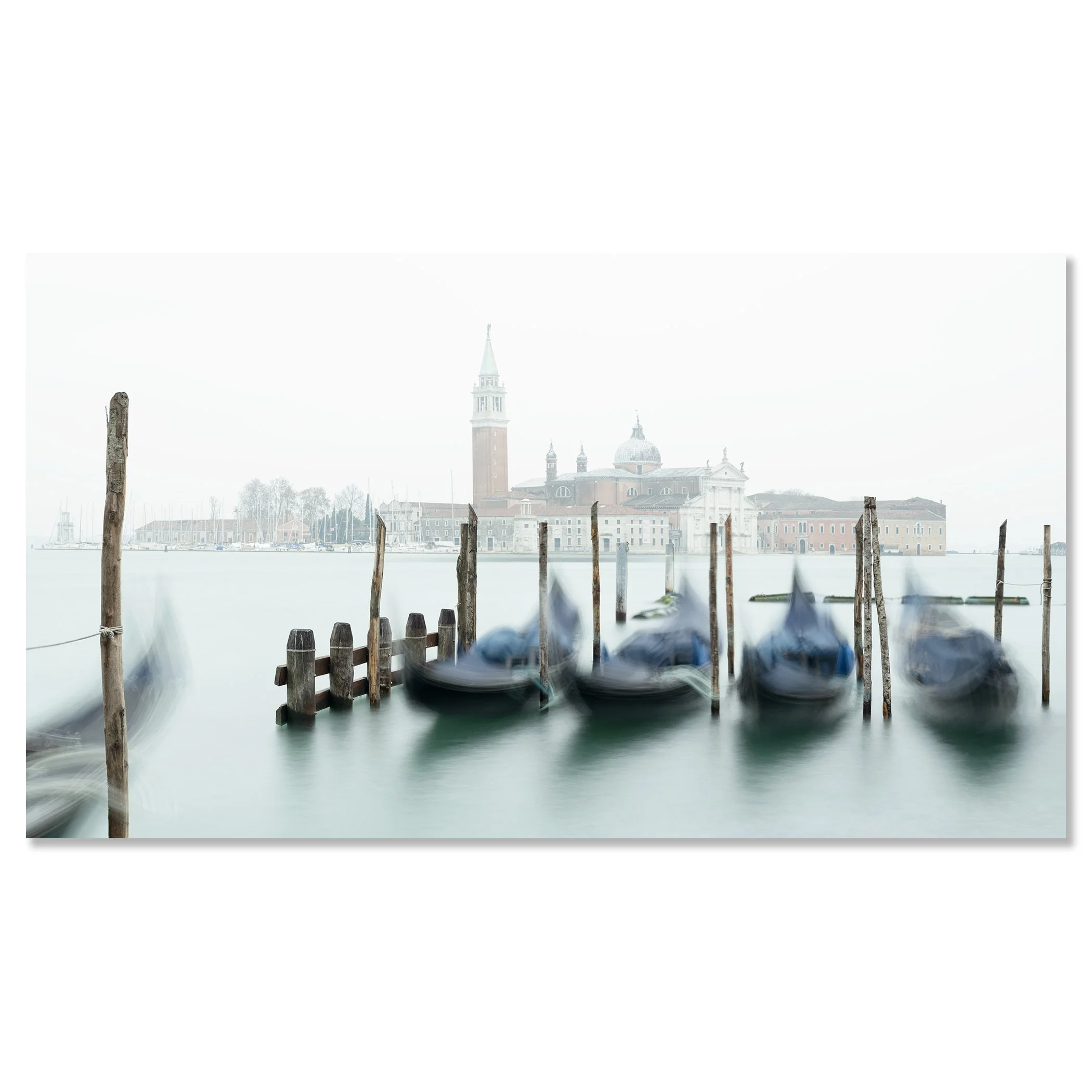 Gerald Berghammer - Color cityscape photography. Gondolas docked along wooden posts on a misty water canal and in back San Giorgio Maggiore Church. Chromaluxe frameless