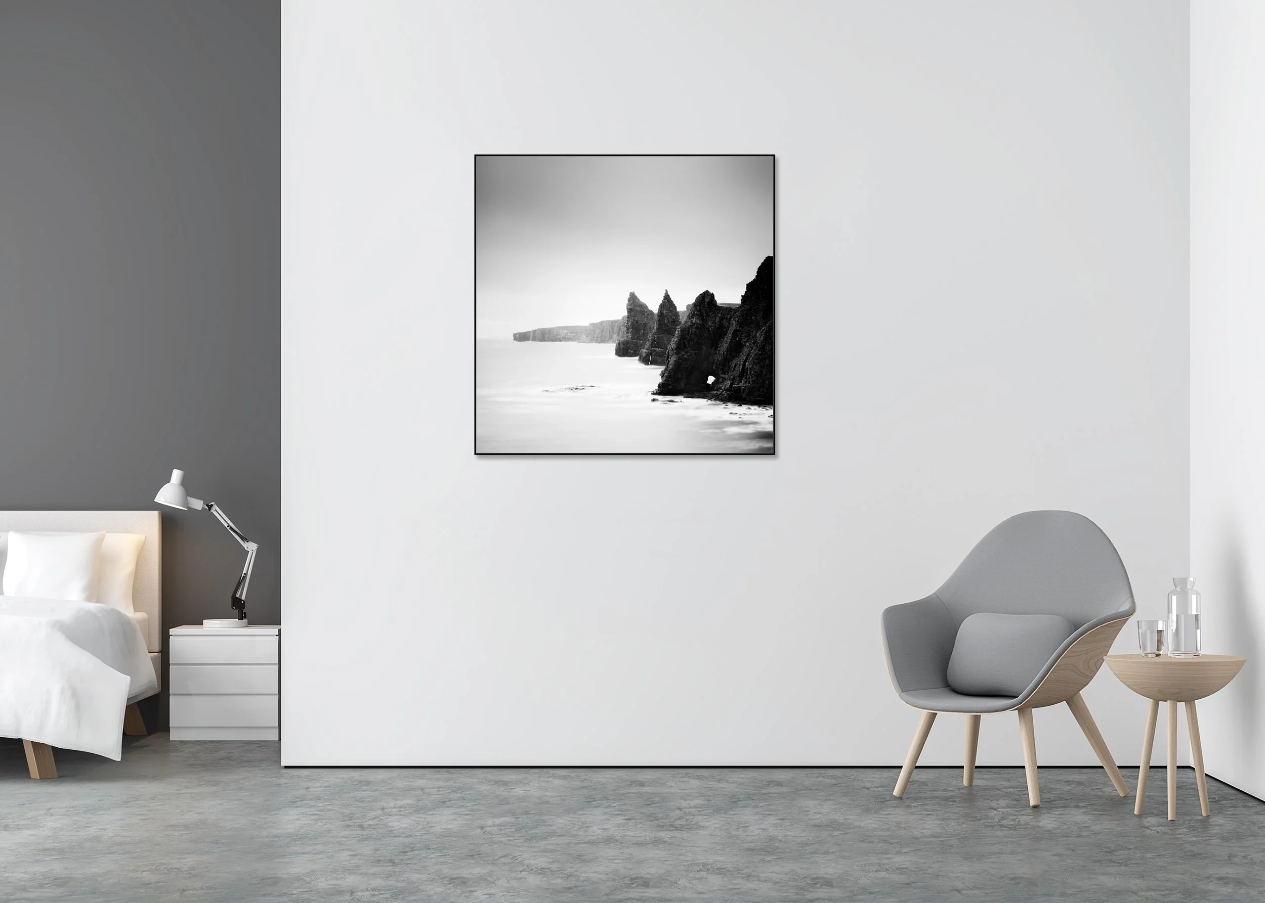 Duncansby Stacks Study 2 displayed on a wall, mounted on Dibond in a black aluminium ArtBox frame. Photo by Gerald Berghammer.