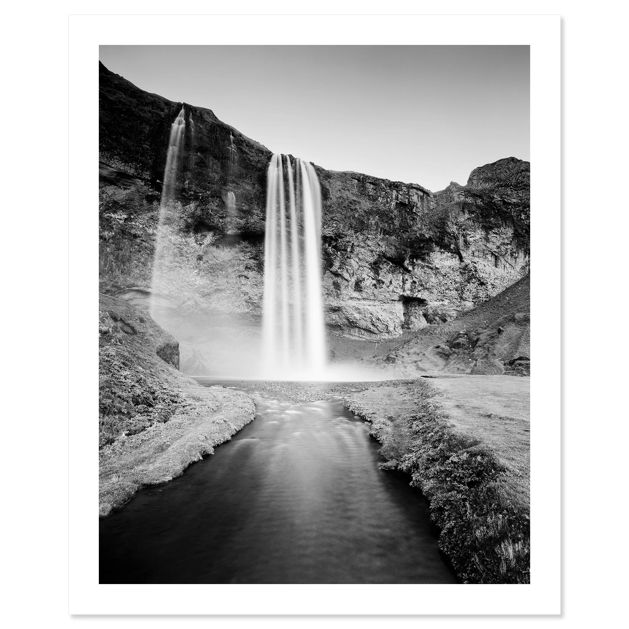 Seljalandsfoss Study 1 displayed as a frameless black-and-white artwork mounted on aluminium Dibond by Gerald Berghammer.