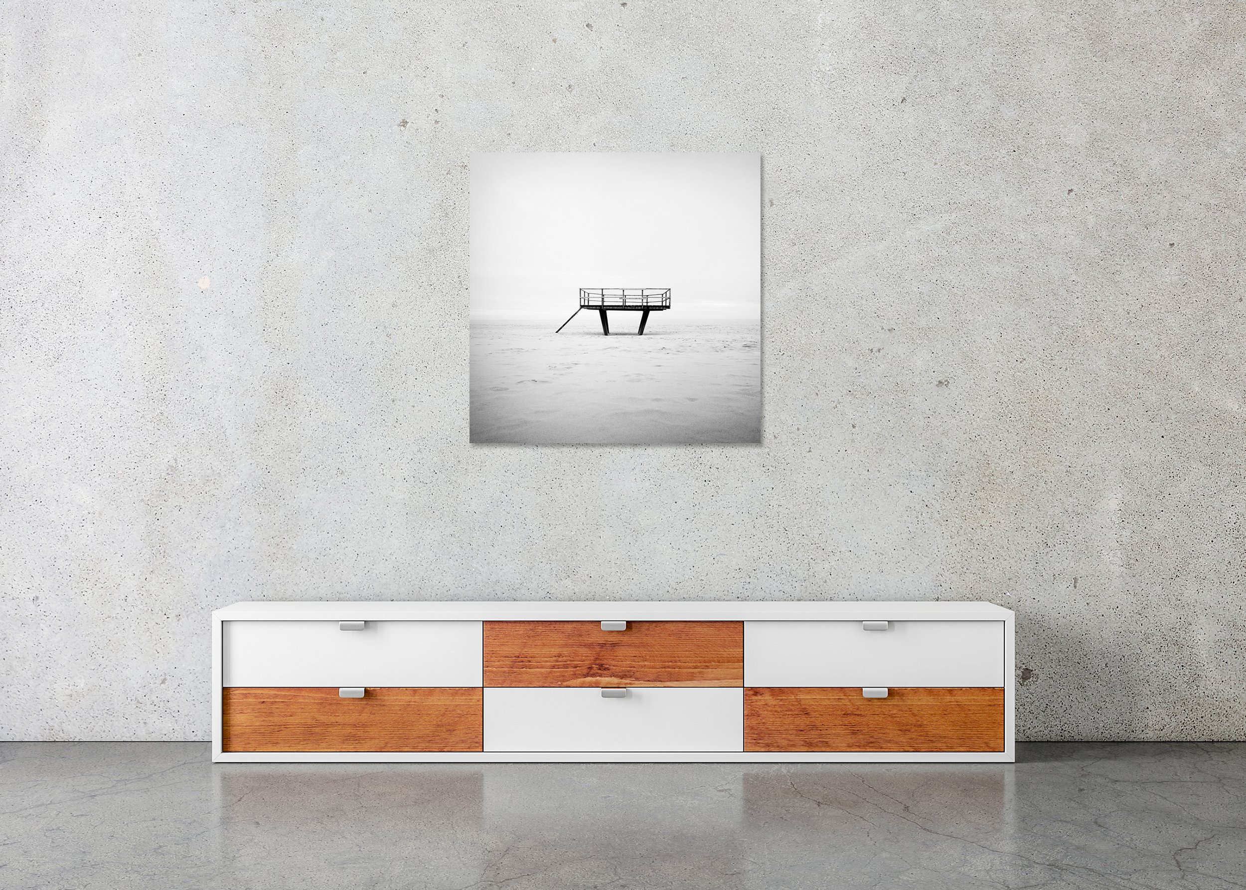 Dance Floor displayed above a low cabinet as a frameless black-and-white aluminium Dibond print by Gerald Berghammer.