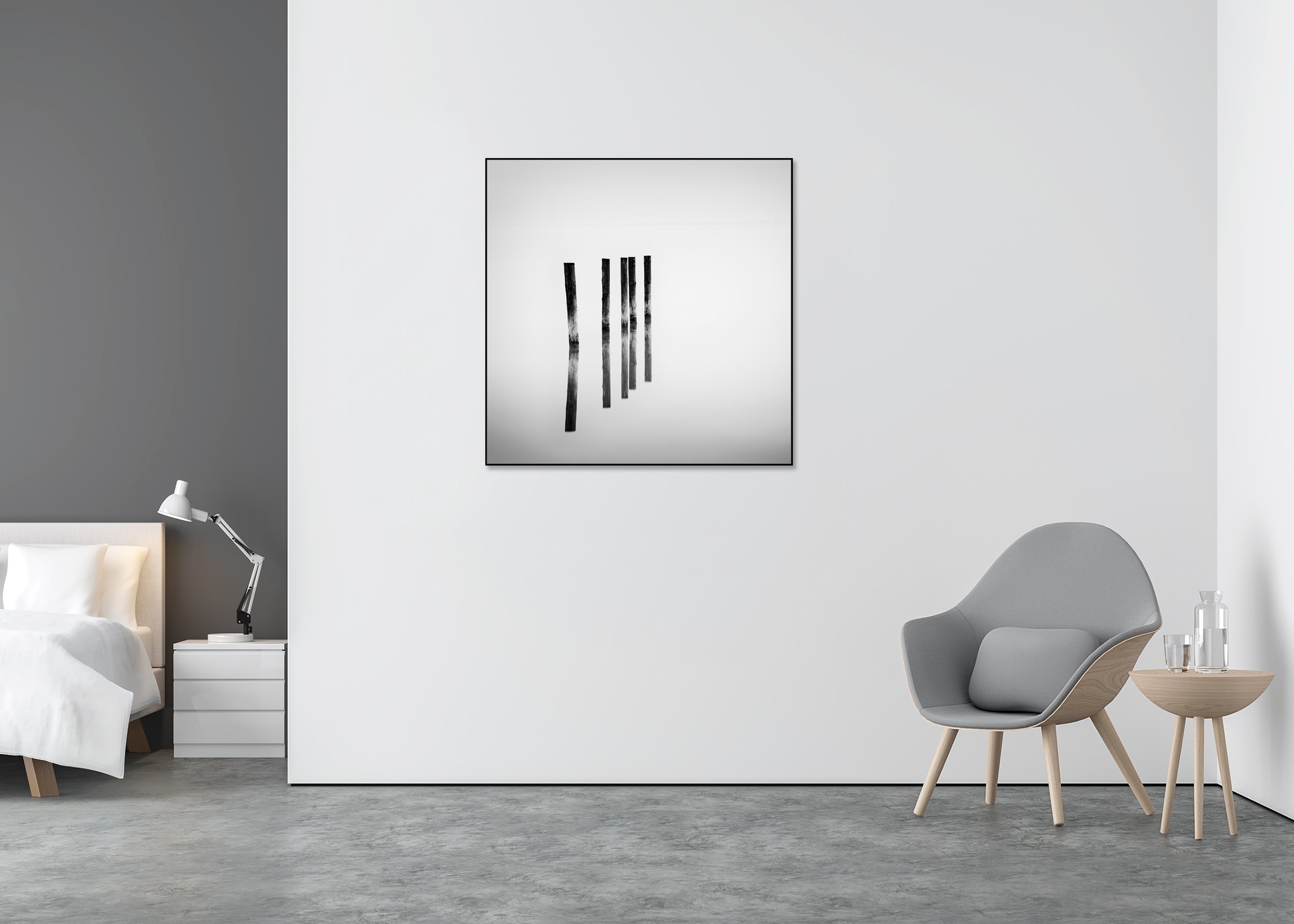 Abstract black and white photo print of five upright timber posts mirrored on a smooth reflective floor, mounted to Dibond in an aluminium ArtBox