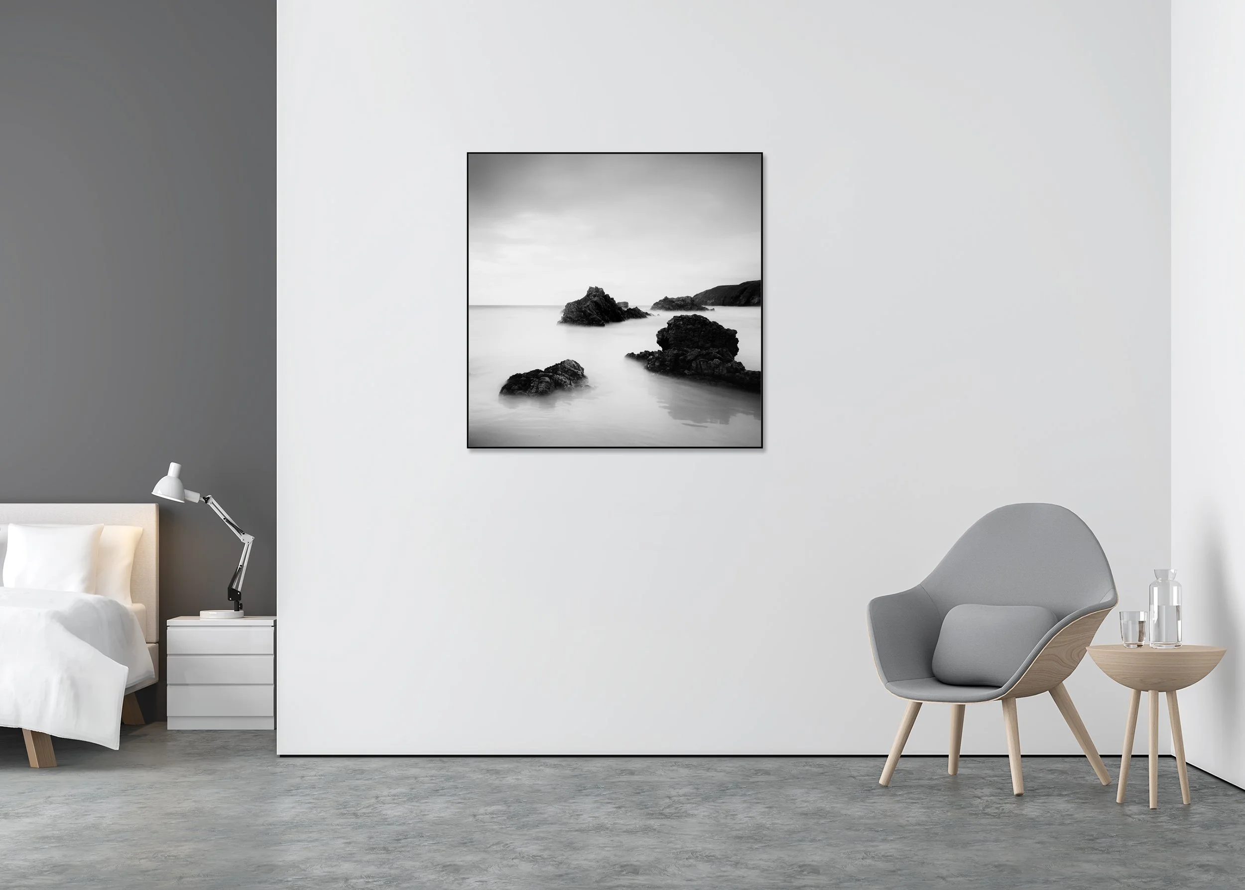 Award-Winning Beach Study 1 – Scotland displayed as a black-and-white photo print on Dibond in an aluminium ArtBox