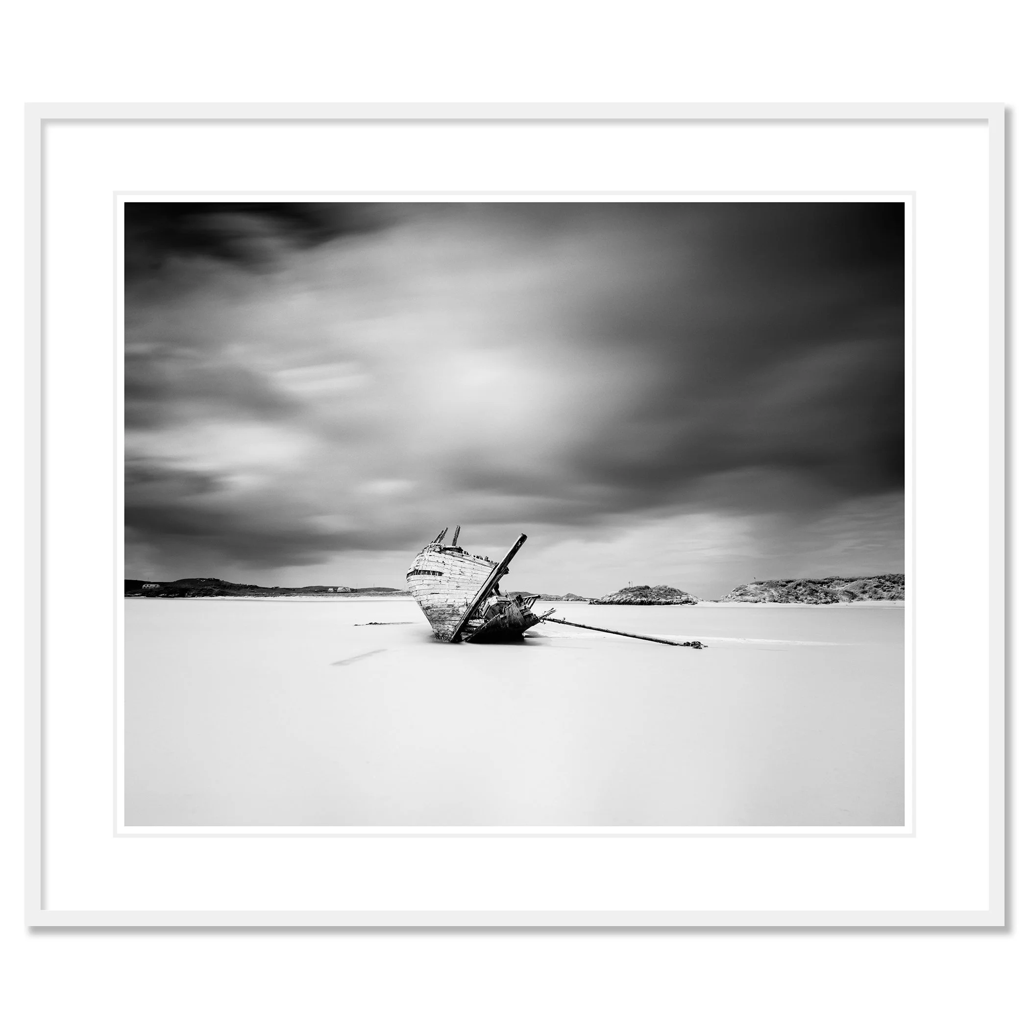 Bad Eddie’s Boat, Study 1 as an archival pigment print in a white aluminium frame with a white mount by Gerald Berghammer.