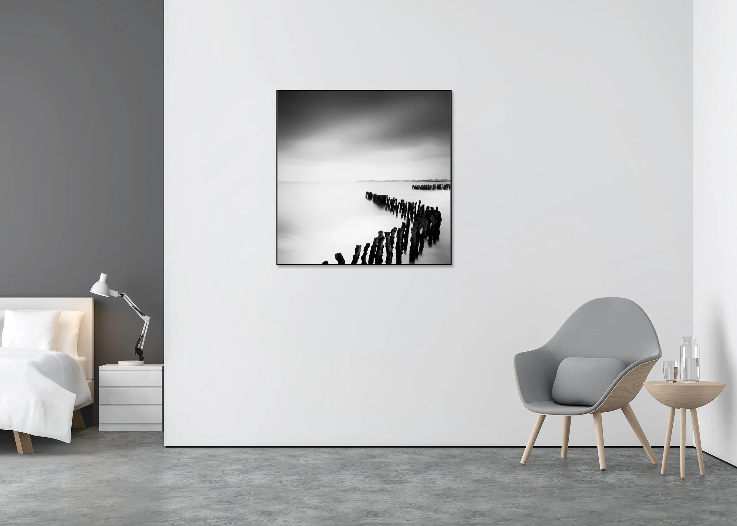 Sea Breakers, France, displayed on a wall, mounted on aluminium Dibond in a black ArtBox frame by Gerald Berghammer.