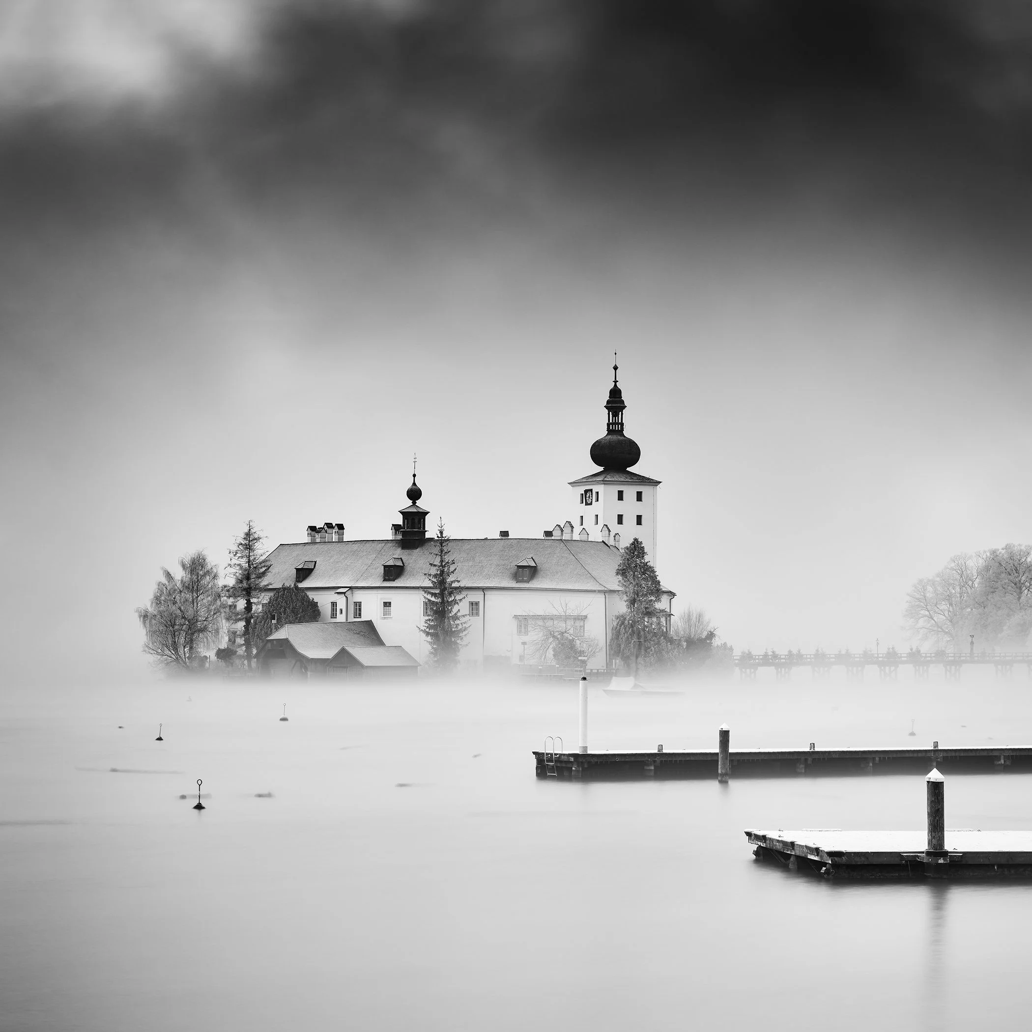 Seeschloss Ort on Traunsee, Gmunden, Austria – misty morning landscape