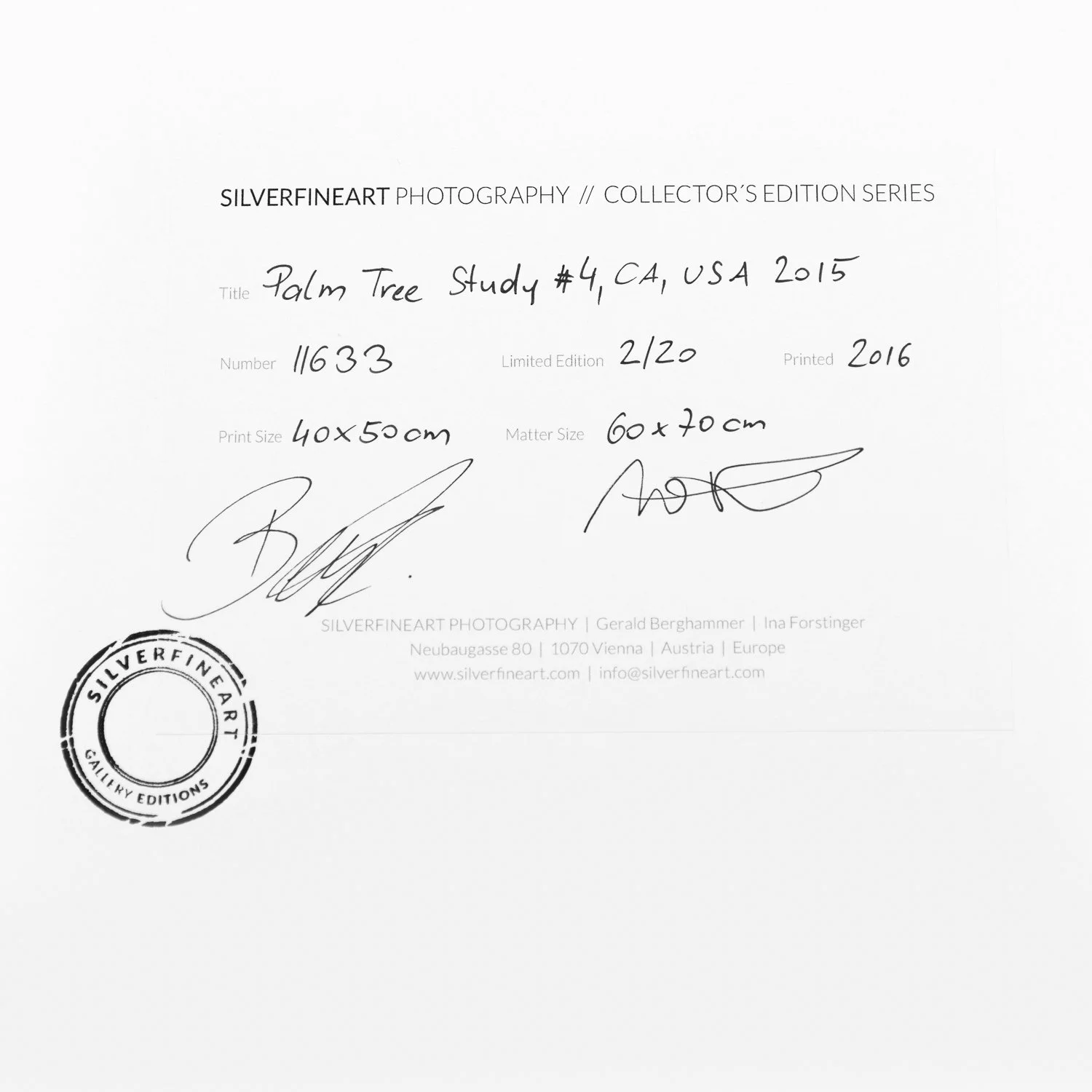 Reverse of Palm Tree Study 4 showing catalogue number 11633, edition 2/20, signatures and gallery stamp – Gerald Berghammer.