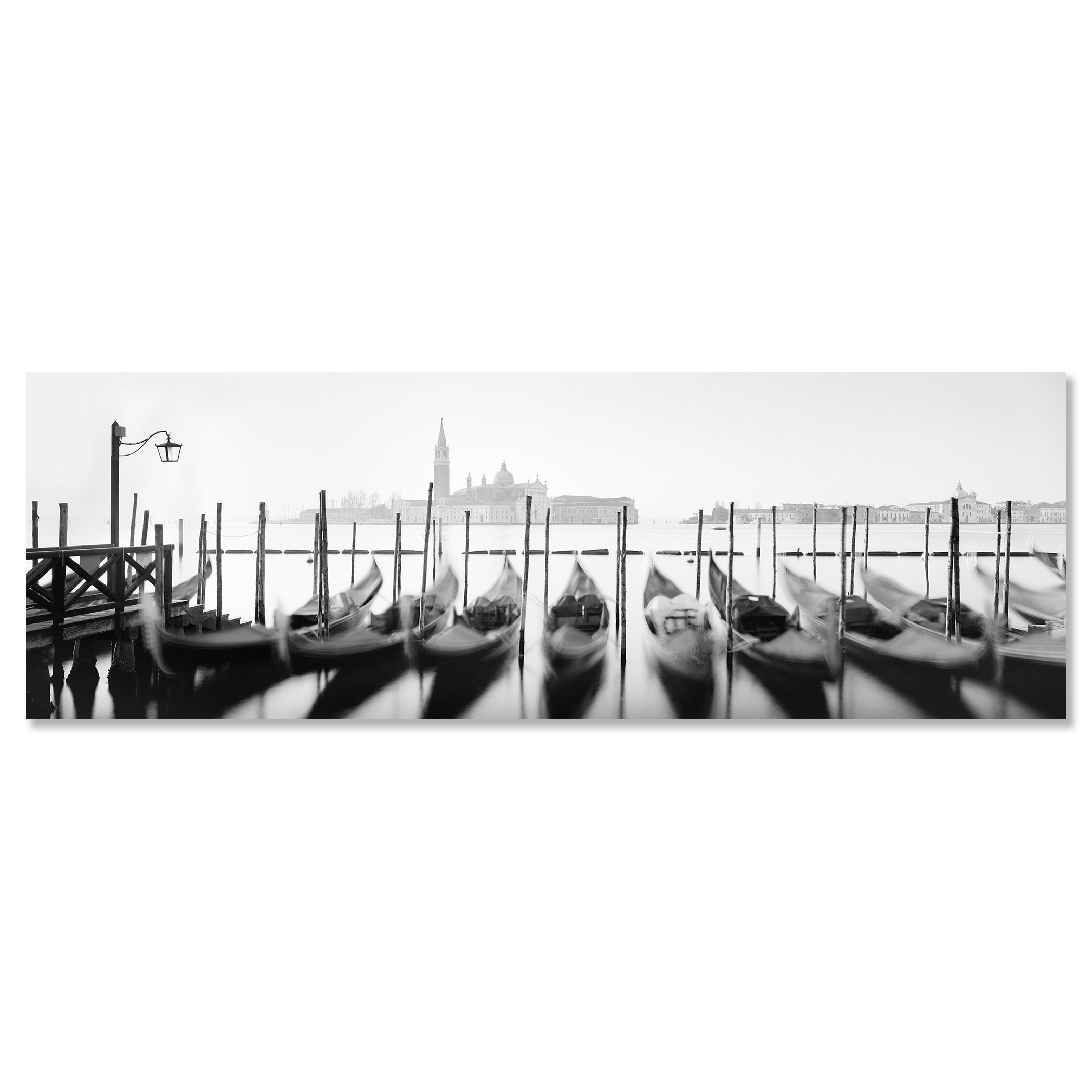 Twelve Gondolas by Gerald Berghammer, frameless black-and-white panoramic photograph mounted on aluminium Dibond.