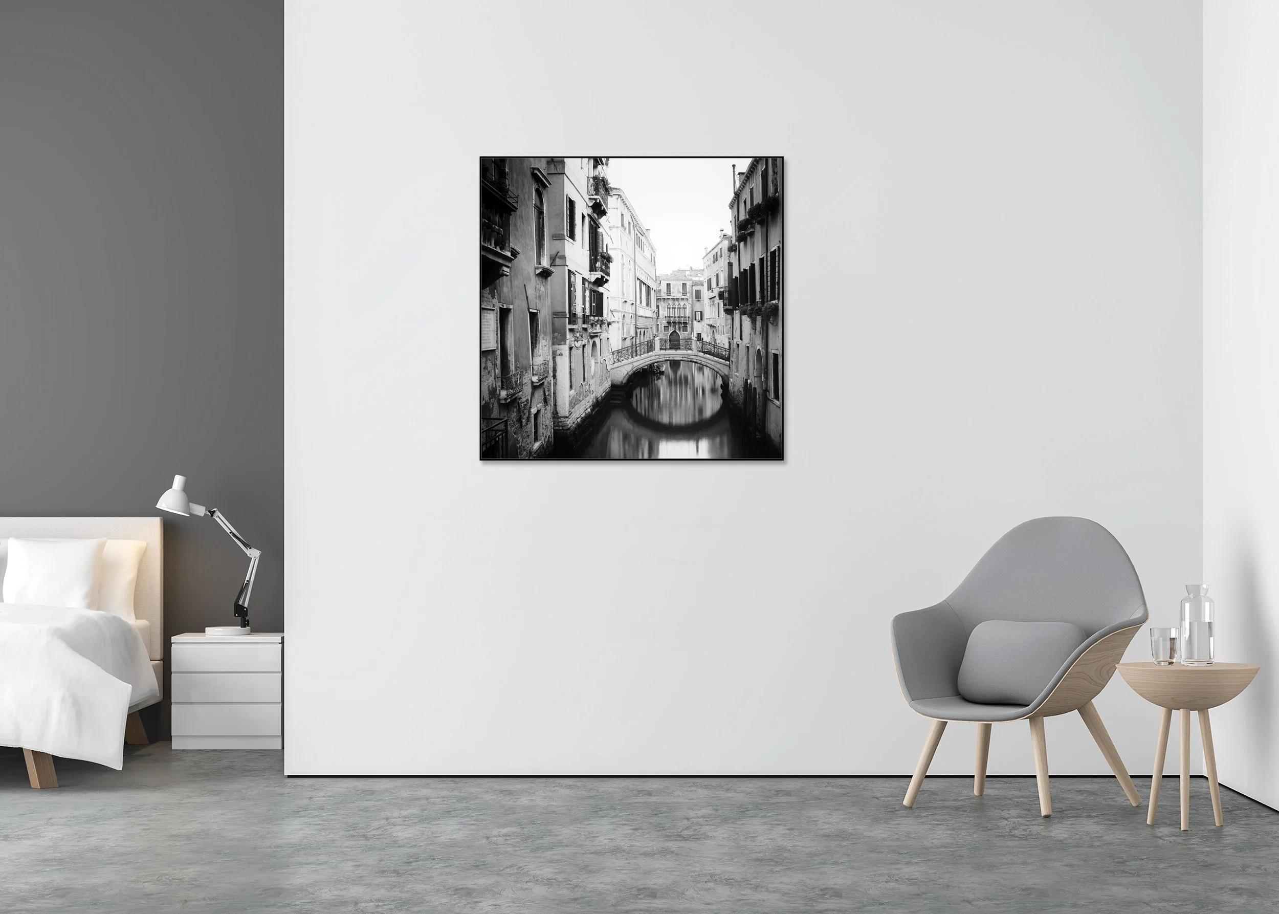 The Bridges of Venice, Study 2 – black-and-white Dibond print in a black aluminium ArtBox displayed in a minimalist bedroom.