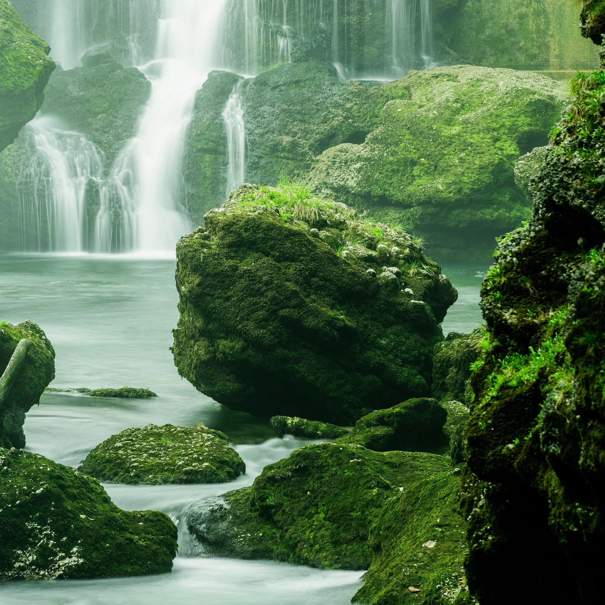 Detail of Moss-Covered Waterfall Study 1 showing a large moss-covered boulder surrounded by softly flowing water by Gerald Berghammer.