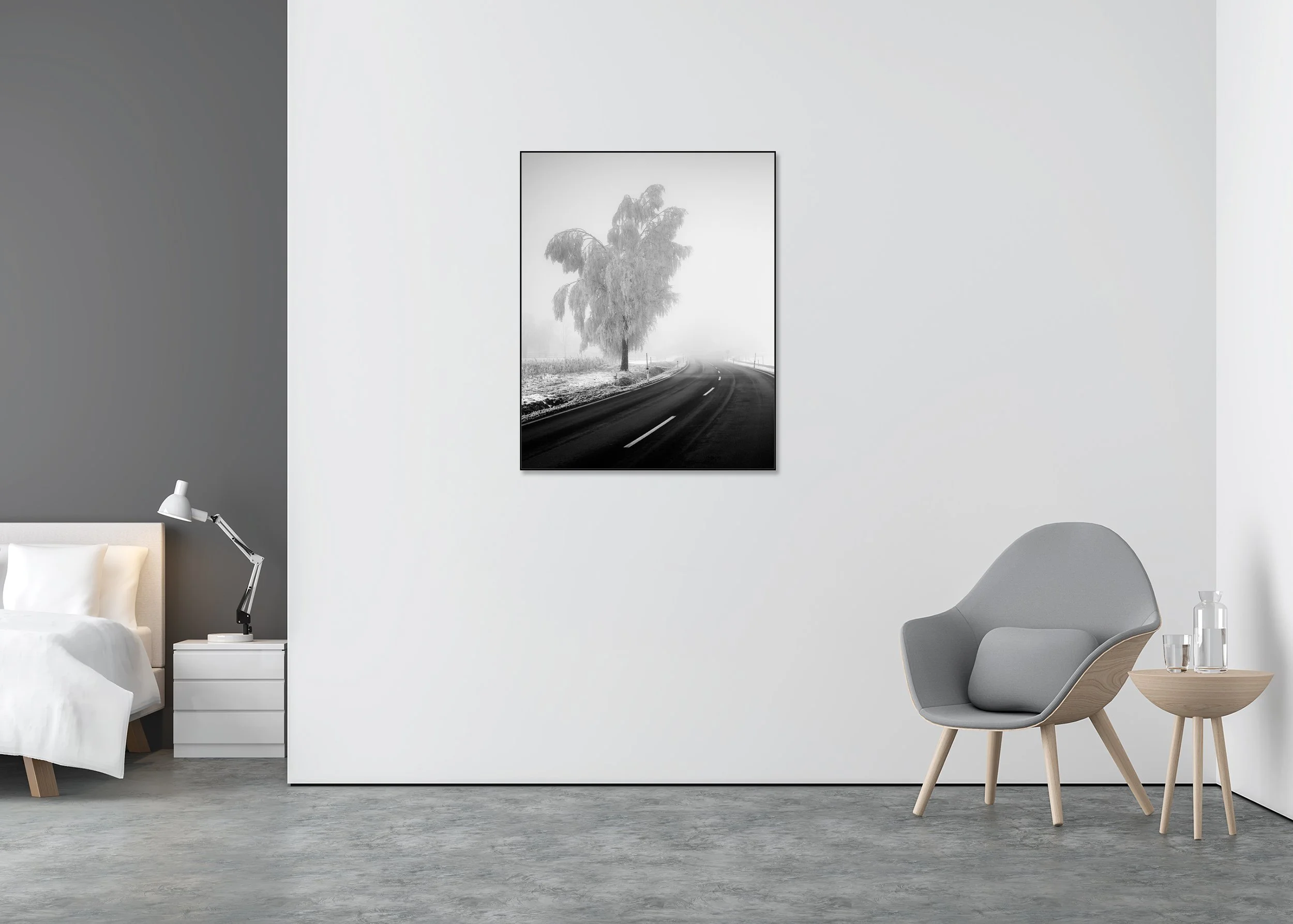 Black and white photo print of a frosted roadside tree and curving road in heavy fog, mounted on Dibond in an aluminium ArtBox