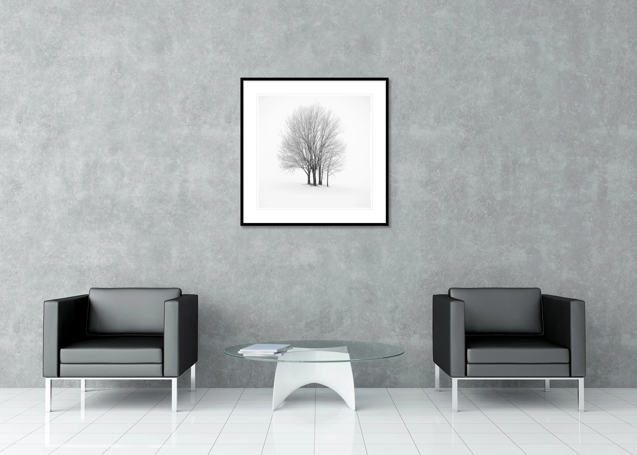 Five Minimalist Winter Trees in the Snow – Austria, framed black-and-white archival pigment print with mount and anti-reflective glass