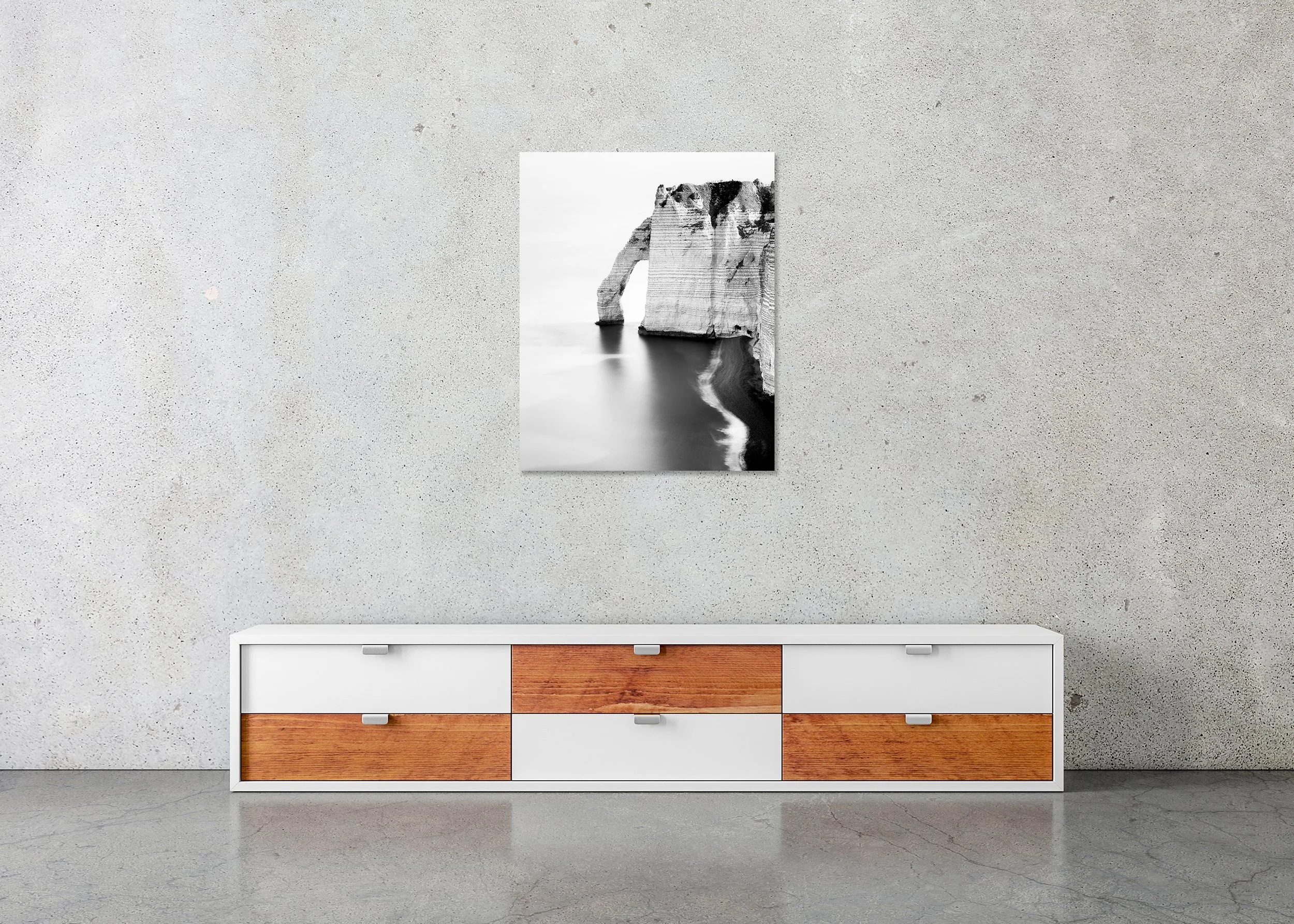 The Sea Arch at Étretat, France, frameless black-and-white photograph on aluminium Dibond.
