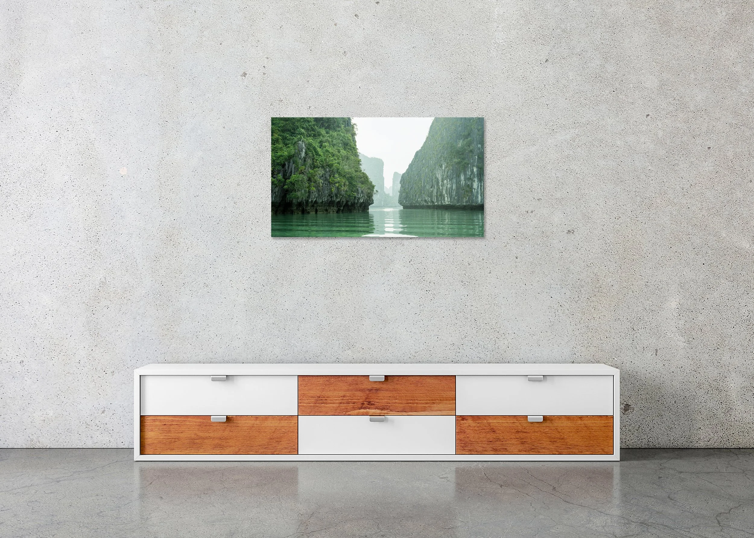 Seawater Canyon Panorama – frameless colour photograph on aluminium Dibond displayed in a minimalist interior.