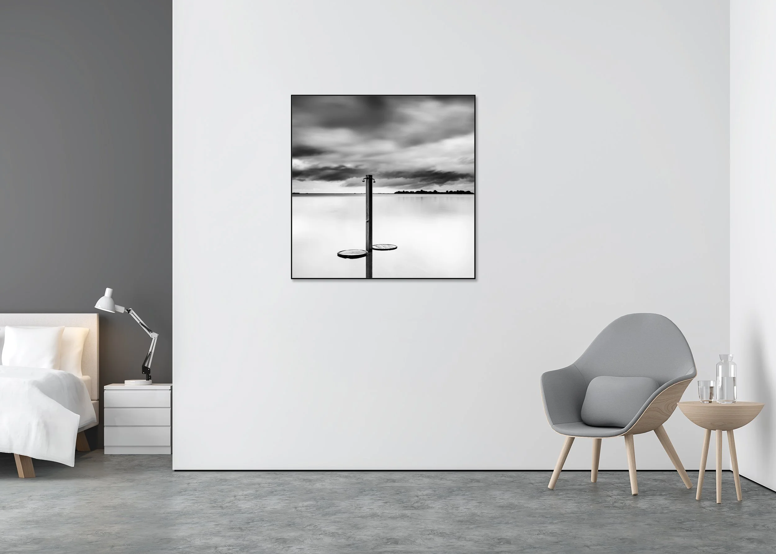 Beach shower in shallow water beneath a moody sky, fine art black-and-white photo print mounted to Dibond in an aluminium ArtBox.