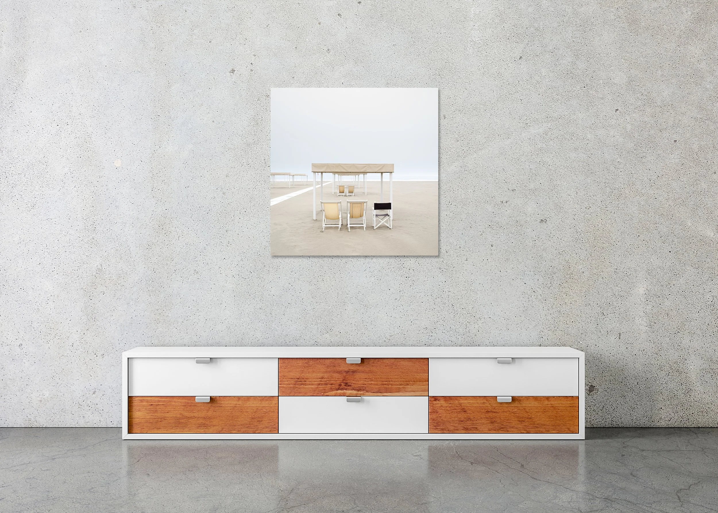 Sun Loungers on the Beach, Study 1 – frameless colour photograph on aluminium Dibond displayed in a minimalist interior.