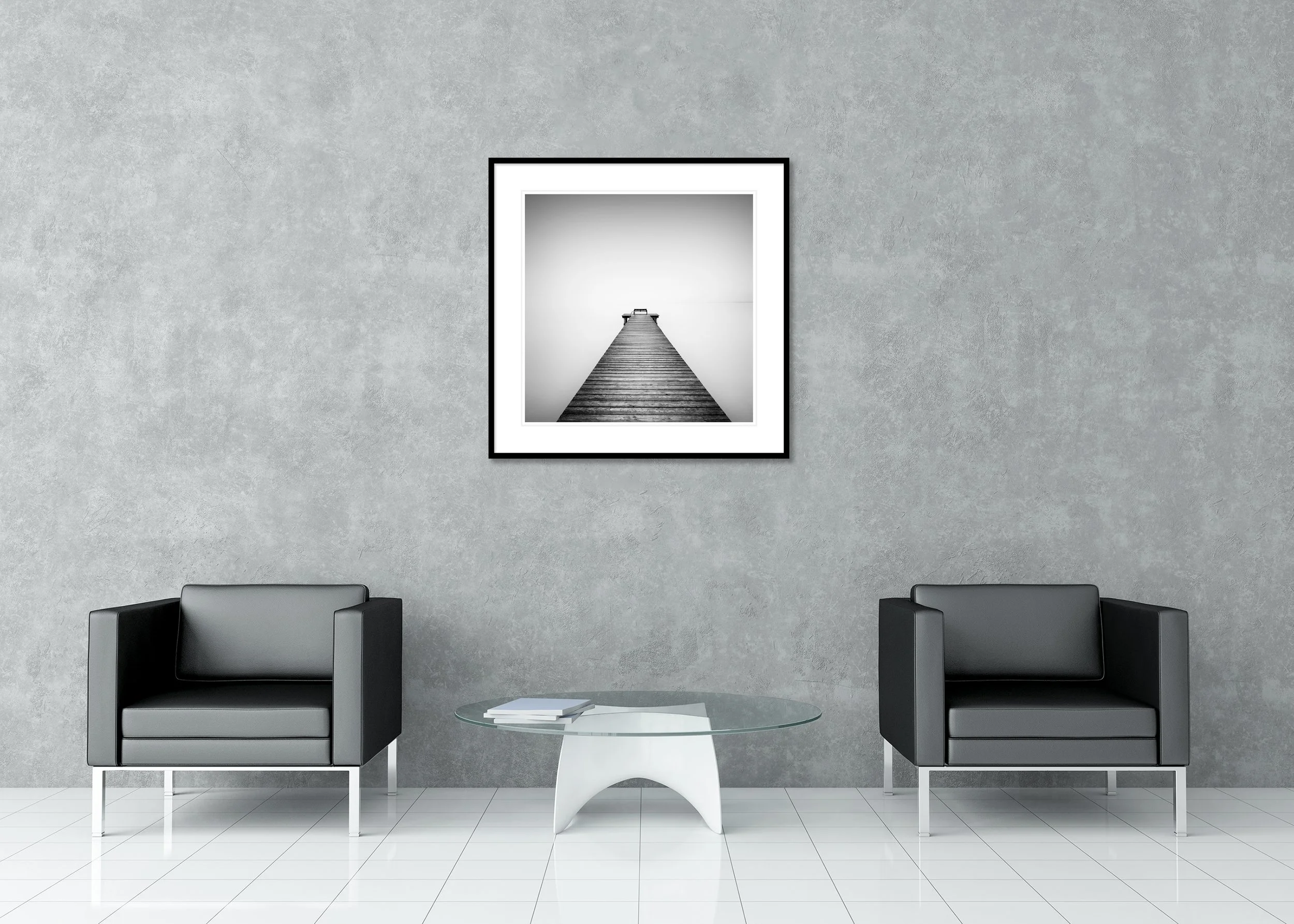 Misty Morning at the Lake, Study 1 – archival pigment print in a black aluminium frame with a white mount in a modern lounge.